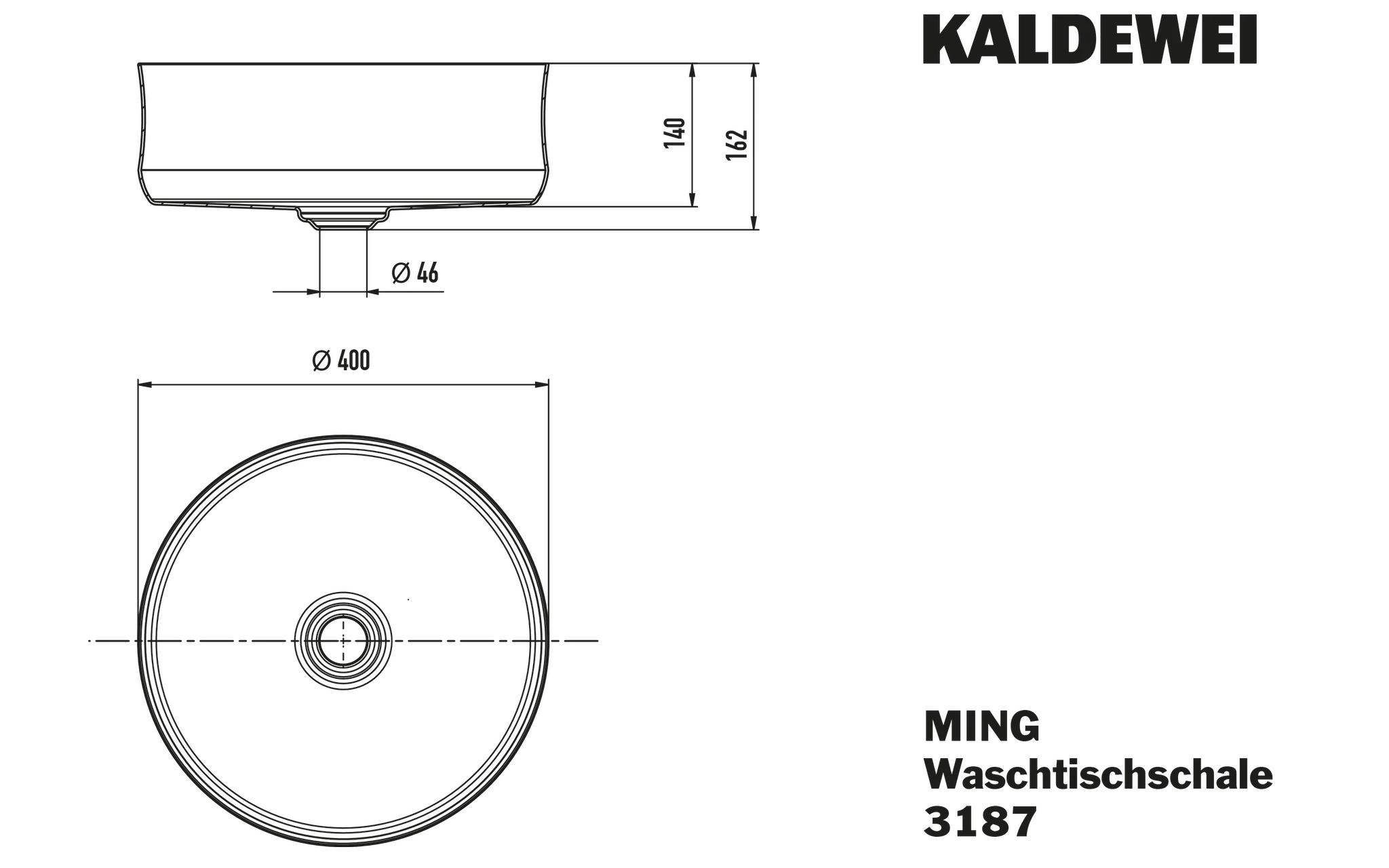 Kaldewei MING Waschtisch-Schale, alpinweiß, Perl-Effekt, Ø 400 mm, Tiefe 162 mm, ohne Überlauf