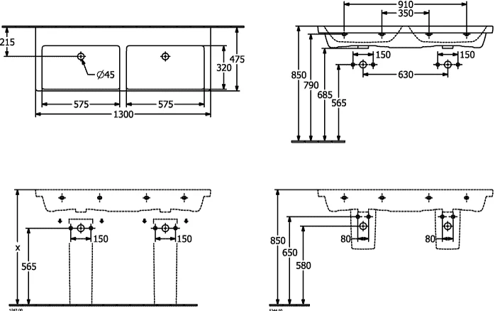 Villeroy & Boch Subway 3.0 Schrank-Doppelwaschtisch 4A71D3, 1300 x 475 mm, Rechteck, ohne Überlauf, Weiß Alpin