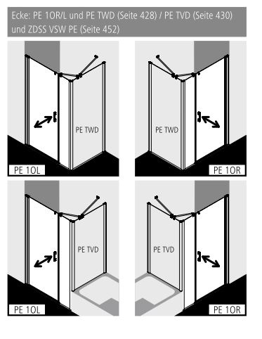 Kermi Duschtür Pendeltür 1-flügelig und Festfeld links für Nische und Ecke „PEGA“ Glas SR Opaco, BV: 950 - 1000 mm GAK: 950 - 975 mm WE: 950 - 1000 mm H: 2000 mm