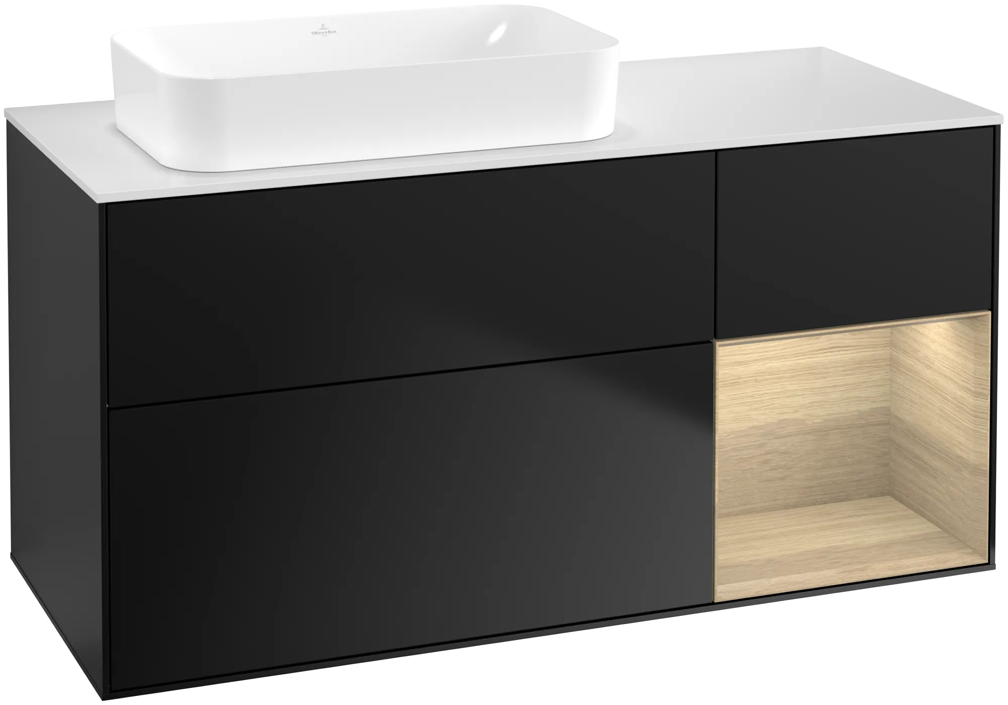 Villeroy & Boch Finion Waschbeckenunterschrank F69, 1200x603x501mm, Black Matt Lacquer / Oak Veneer / Glass White Matt