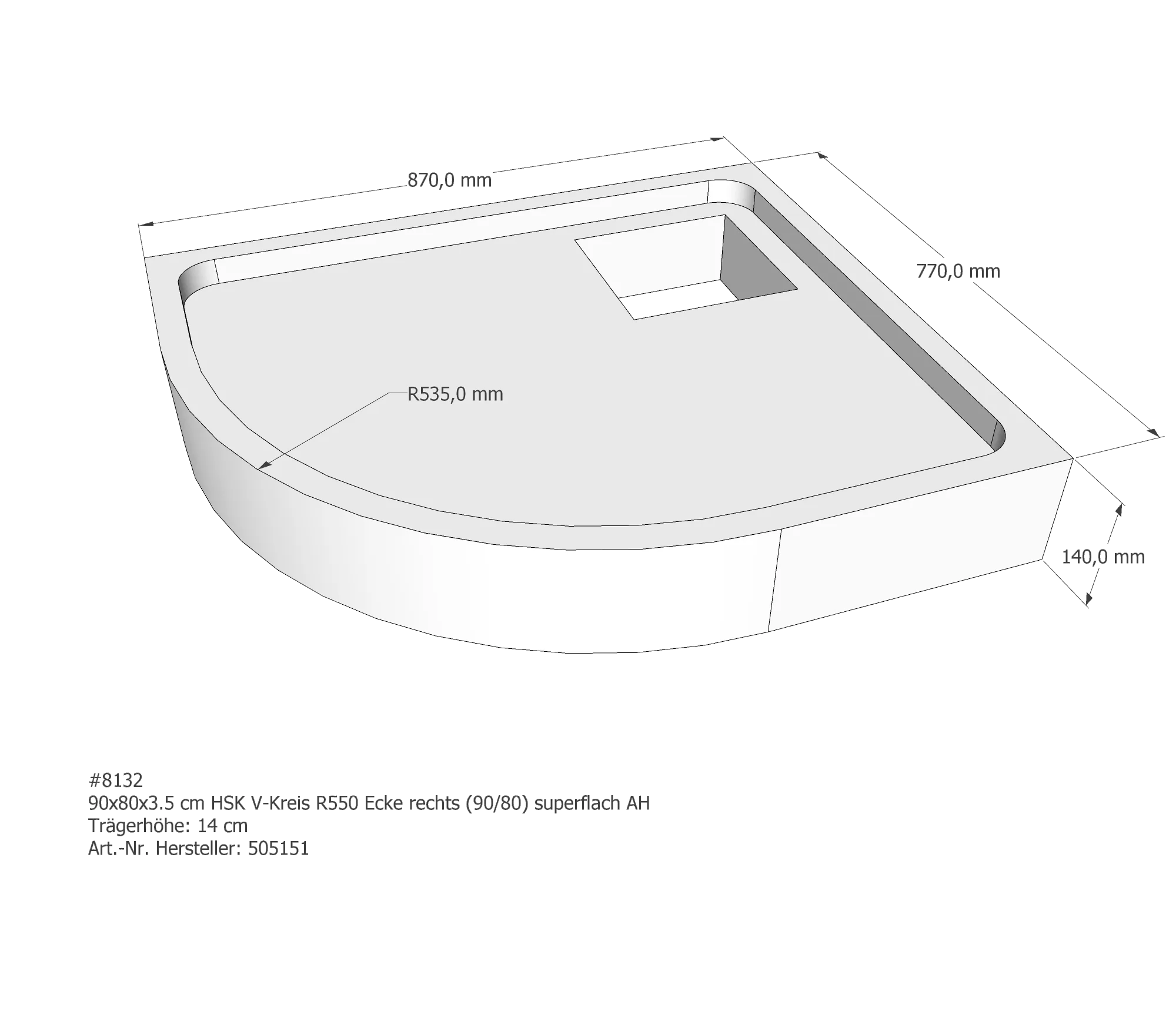 Duschwannenträger passend für HSK Viertelkreis rechts superflach rechts 90 × 80 × 2,5 cm
