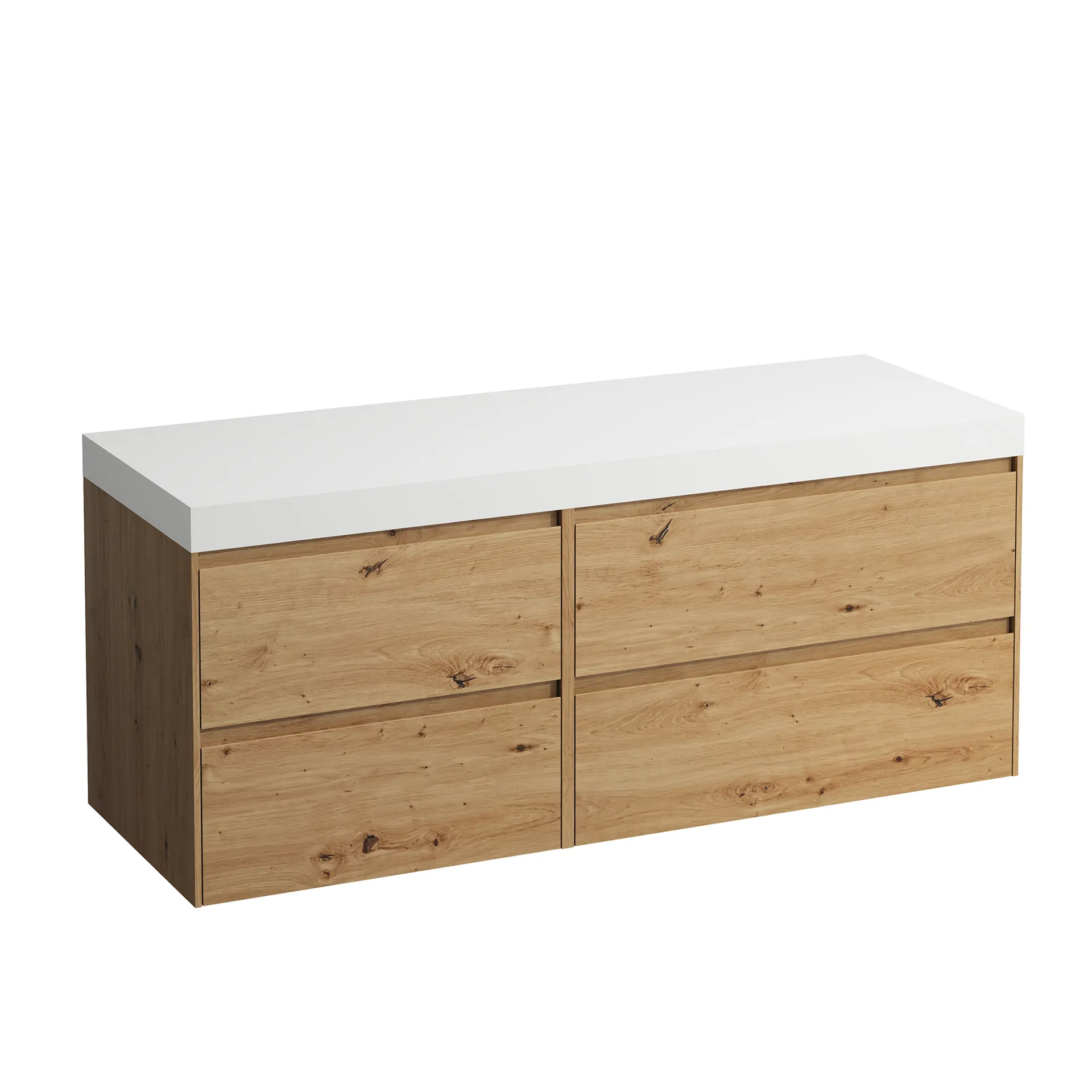 Waschtischunterbau+Waschtischplatte (MODULAR SYSTEM) LANI 495x1370x580 ohne Ausschnitt Abdeckplatte 65 mm (Farbe: .260 weiß matt), mit 4 Schubladen (800 mm rechts + 600 mm links) integrierter Griffleiste Vollauszug und Soft-Close weiß matt