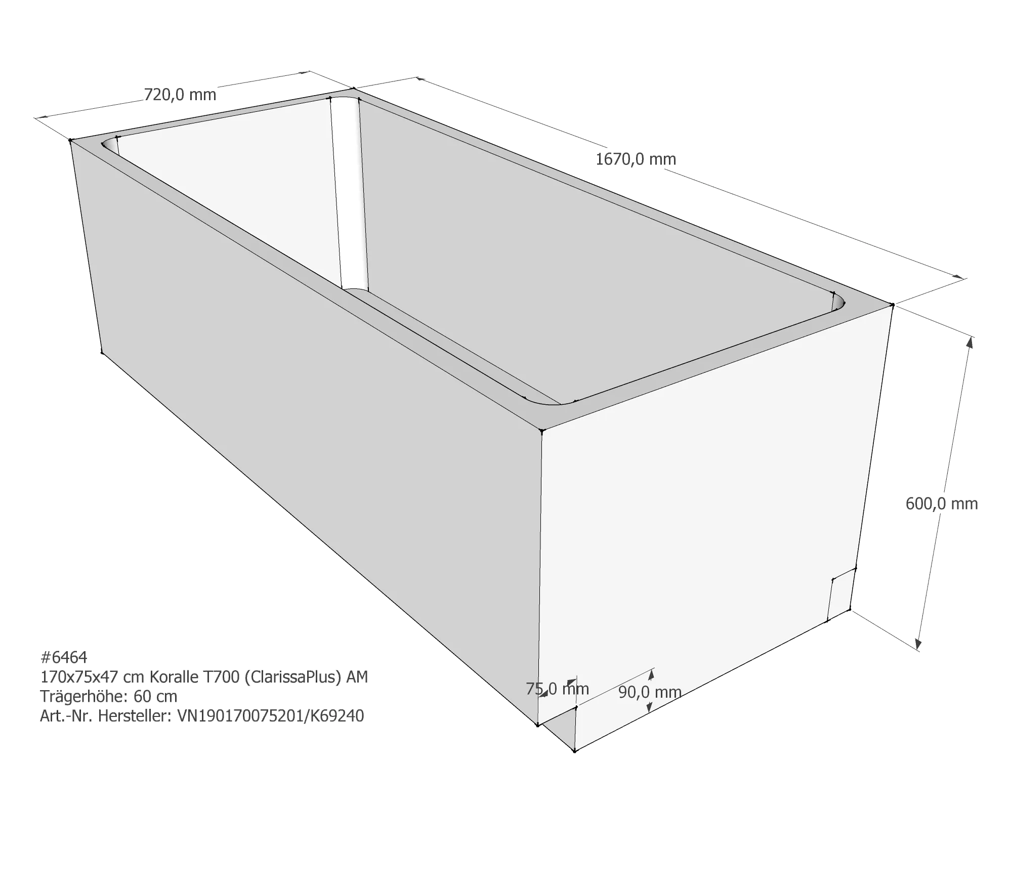 Badewannenträger für Koralle T700 (ClarissaPlus) 170 × 75 × 47 cm Badewannenträger für Koralle T700 (ClarissaPlus) 170 × 75 × 47 cm