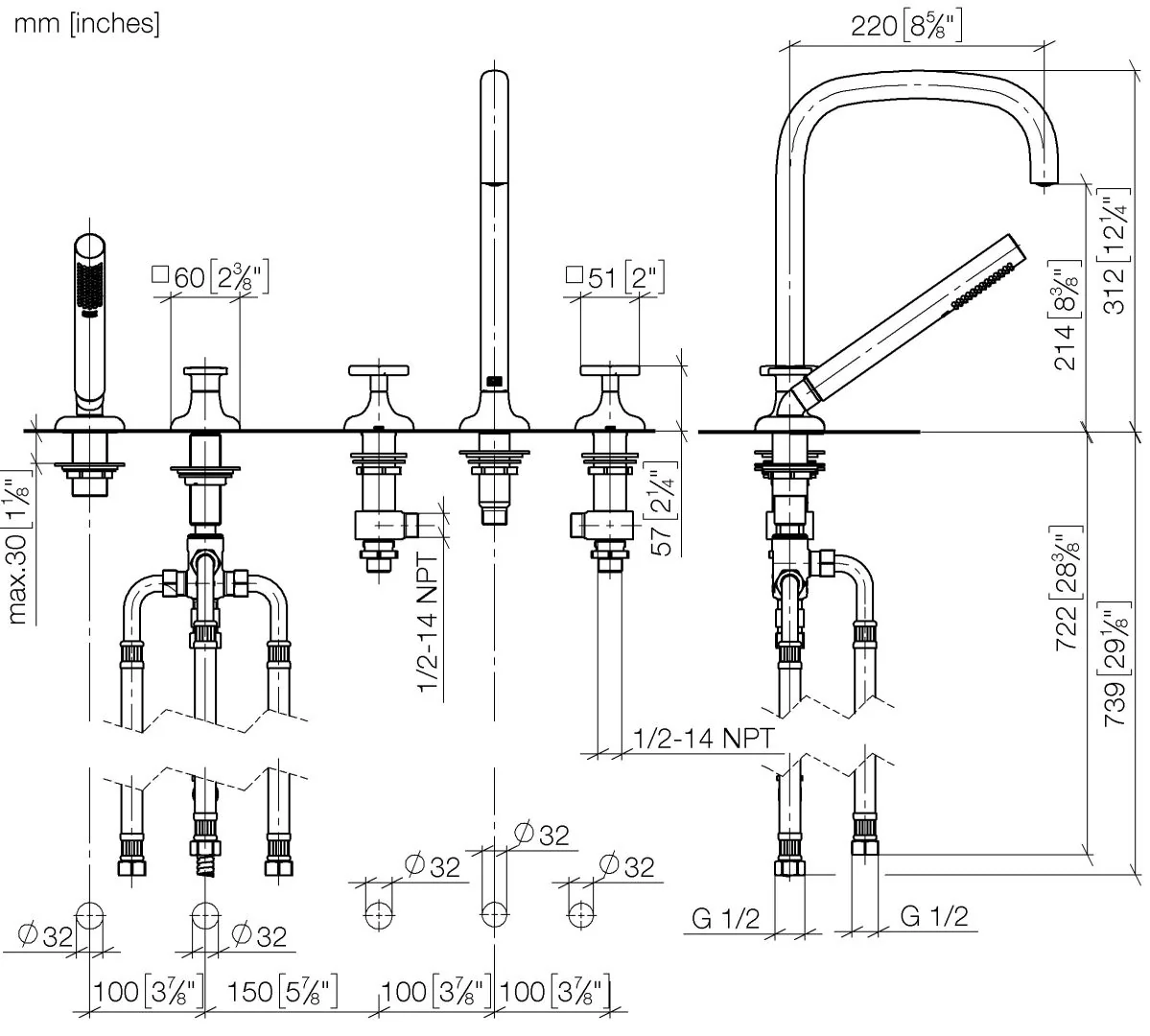 Dornbracht COYA Wannen-Fünflochbatterie Chrom, 312 mm Höhe, 220 mm Ausladung, runder luftangereicherter Strahl, automatische Umstellung Wanne/Brause
