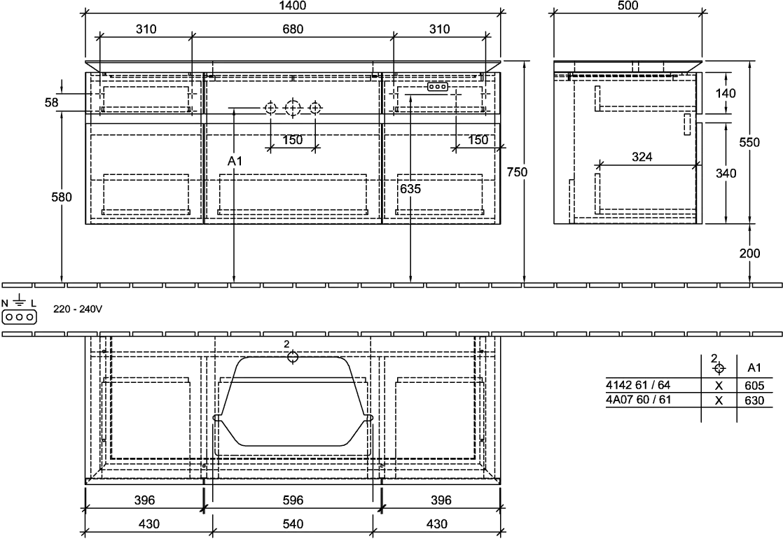 Villeroy & Boch Waschtischunterschrank „Legato“ für Schrankwaschtisch 140 × 55 × 50 cm