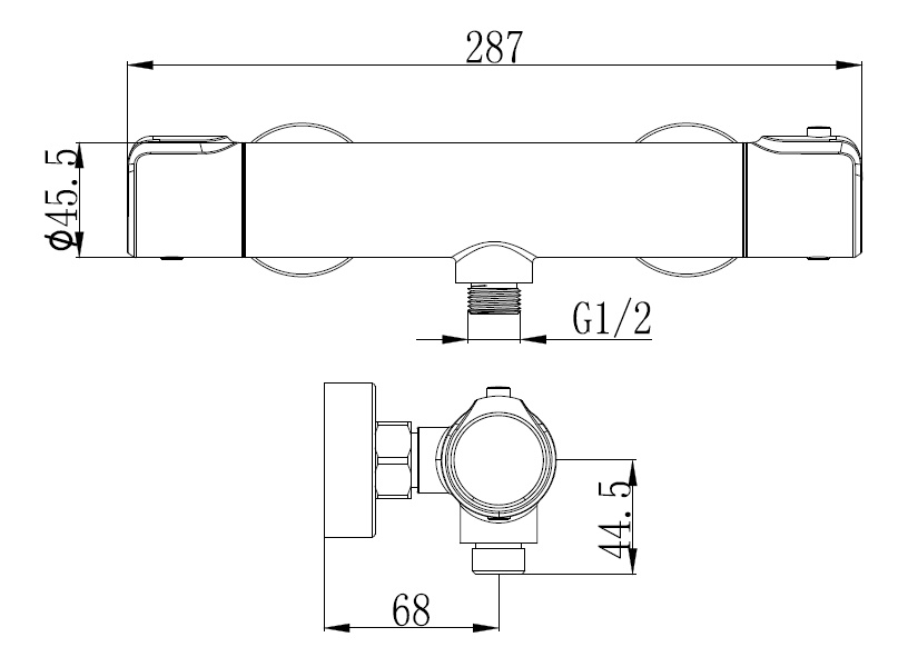 Thermostat-Brausebatterie AqvaTherm - Brauseabgang 1/2″ unten - cool touch - Edelstahlfilter - S-Anschlüsse mit Rosetten - eigensicher - Sicherheitstaste - mattschwarz