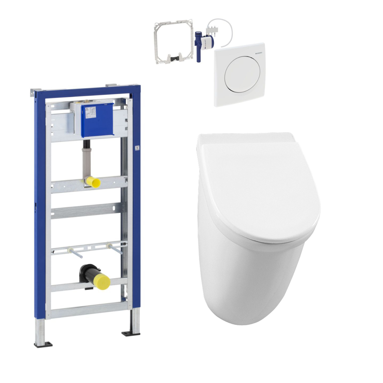 Set Urinal 32 × 56 × 29 cm mit Geberit Urinalsteuerung mit pneumatischer Spülauslösung und Geberit Vorwand-/Einbauelement für Urinal „DuofixBasic“ 130 × 50 × 75 cm