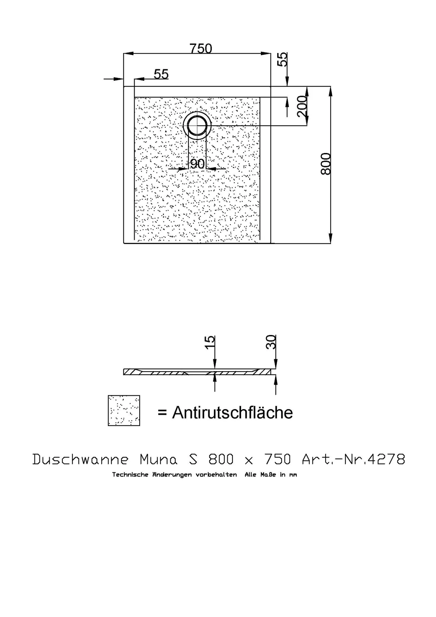 Duschwanne Muna S 800x750x30 mm, Antirutsch, Schiefergrau, Solique Mineralguss, Hoesch Duschwanne Muna S 800x750x30 mm, Antirutsch, Schiefergrau, Solique Mineralguss, Hoesch
