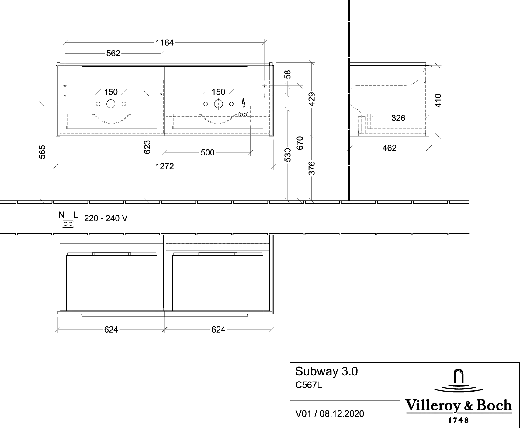 Villeroy & Boch Waschtischunterschrank „Subway 3.0“ für Schrank-Doppelwaschtisch 127,2 × 42,9 × 47,8 × 47,8 cm 2 Auszüge, Waschbecken mittig, mittig