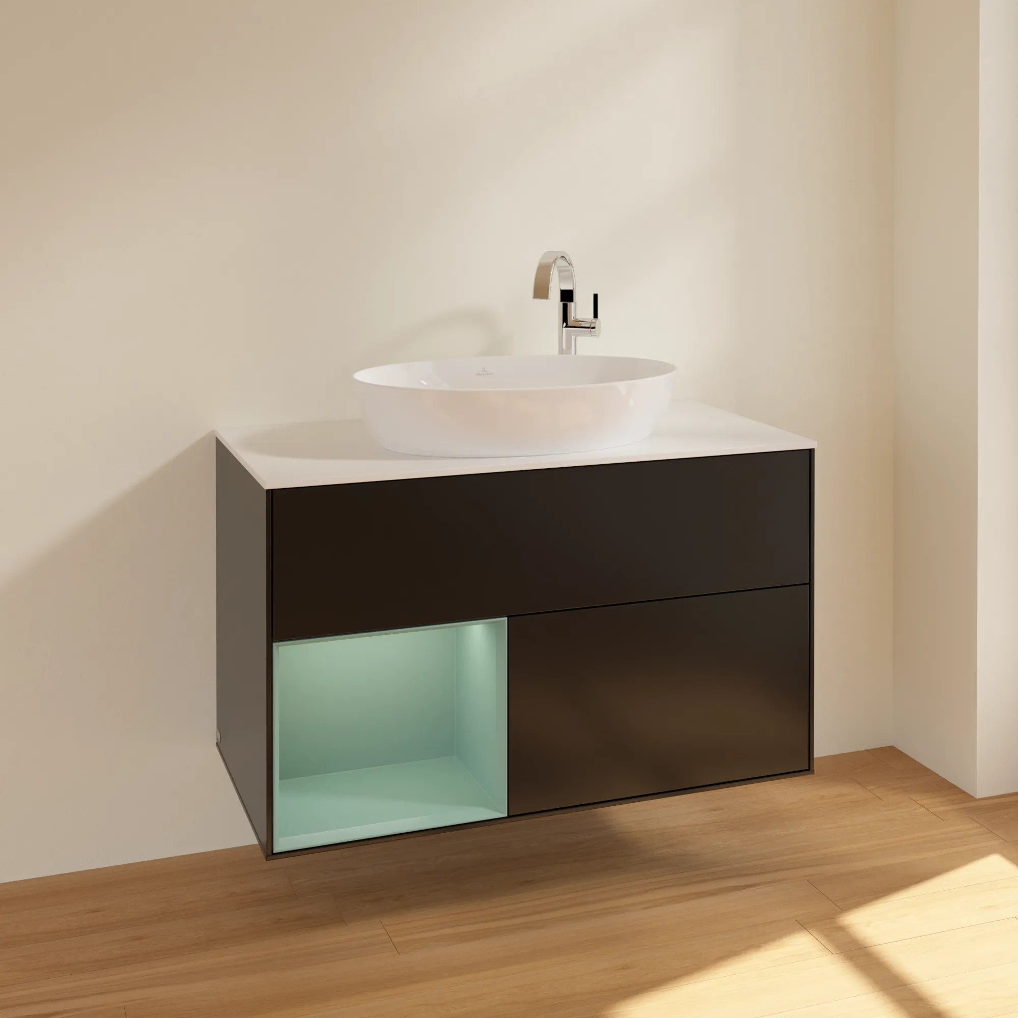 Villeroy & Boch Waschbeckenunterschrank Finion F89, 1000x603x501 mm, Black Matt Lacquer mit Olive Regal, Beleuchtung dimmbar, Push-to-open, SoftClosing Villeroy & Boch Waschbeckenunterschrank Finion F89, 1000x603x501 mm, Black Matt Lacquer mit Olive Regal, Beleuchtung dimmbar, Push-to-open, SoftClosing