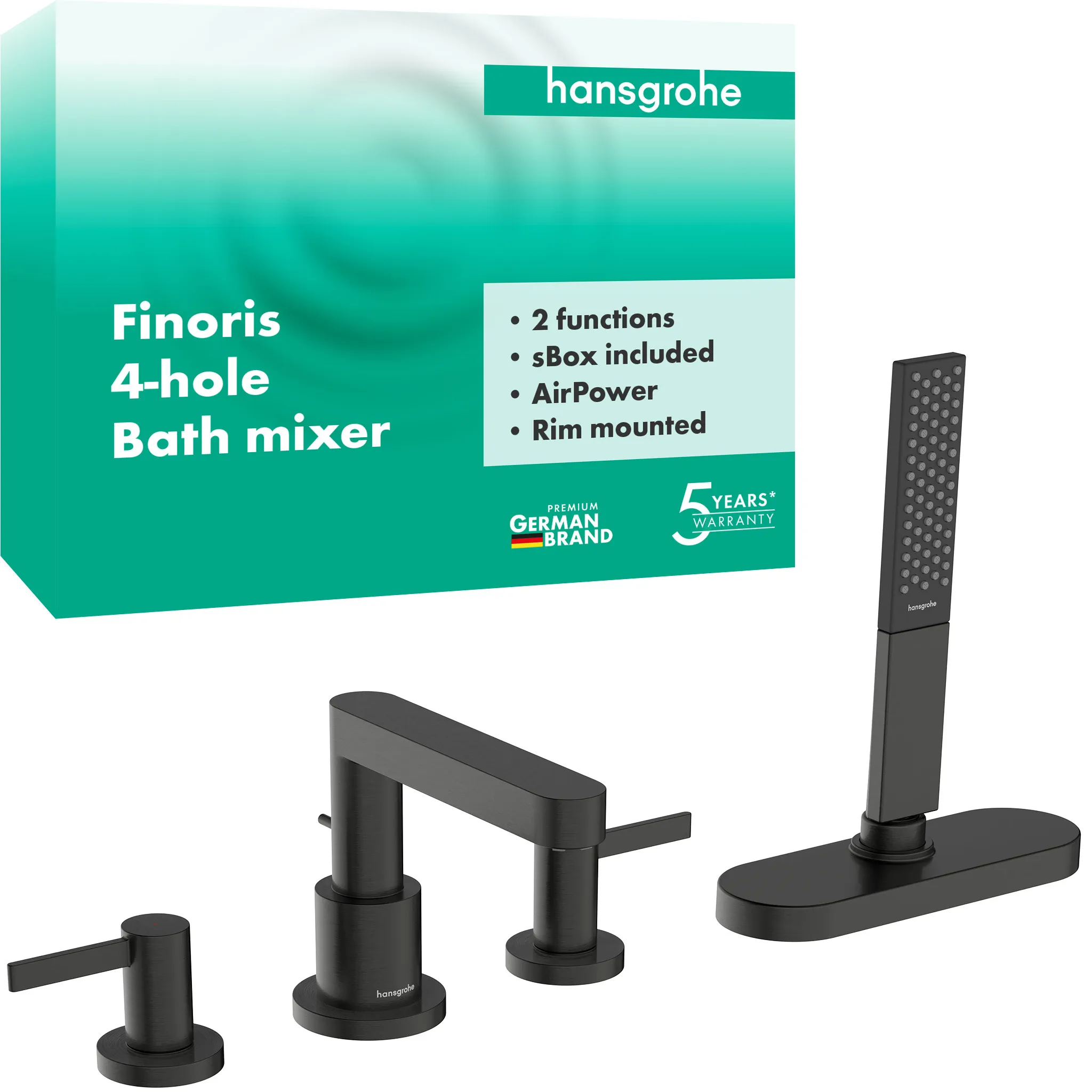 Hansgrohe Finoris 4-Loch Wannenrandarmatur Brushed Black Chrome, Ausladung 152 mm, PowderRain-Handbrause, max. Durchfluss 23,5 l/min Hansgrohe Finoris 4-Loch Wannenrandarmatur Brushed Black Chrome, Ausladung 152 mm, PowderRain-Handbrause, max. Durchfluss 23,5 l/min