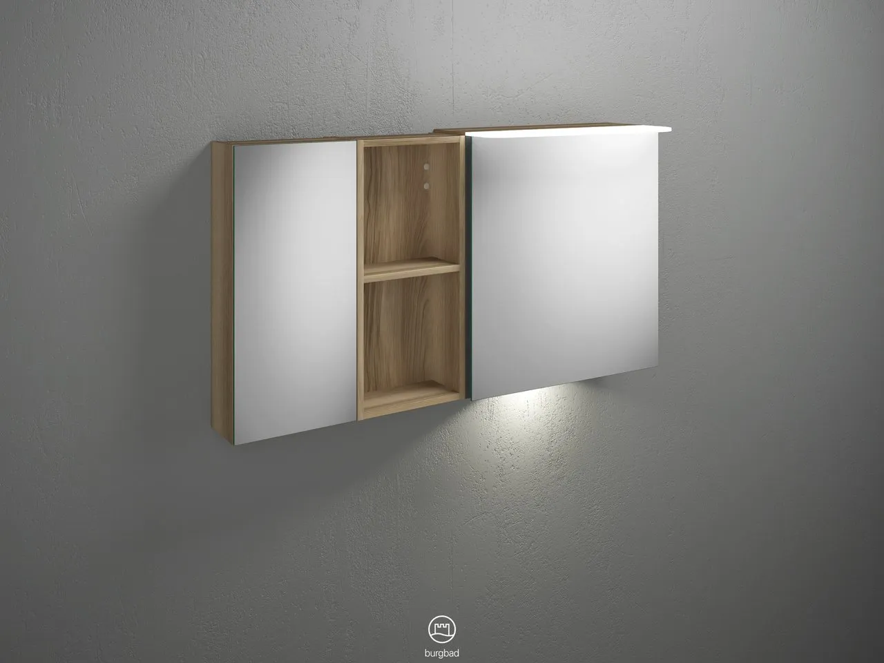 Badu Spiegelschrank SFUD120 von burgbad - 310 mm tief, 1.200 mm breit, 665 mm hoch, beidseitig verspiegelt mit LED-Aufsatzleuchte und Waschtischbeleuchtung Badu Spiegelschrank SFUD120 von burgbad - 310 mm tief, 1.200 mm breit, 665 mm hoch, beidseitig verspiegelt mit LED-Aufsatzleuchte und Waschtischbeleuchtung
