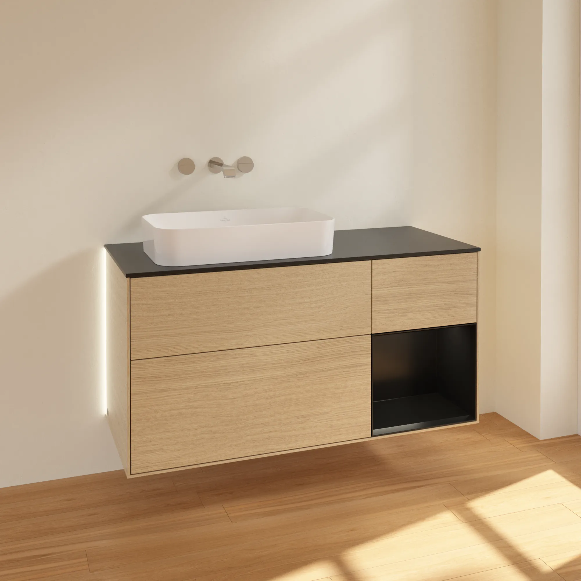 Villeroy & Boch Waschtischunterschrank „Finion“ für Schrankwaschtisch 1200 × 603 × 501 mm Oak Veneer, ohne Hahnlochbohrung, für Becken links Villeroy & Boch Waschtischunterschrank „Finion“ für Schrankwaschtisch 1200 × 603 × 501 mm Oak Veneer, ohne Hahnlochbohrung, für Becken links