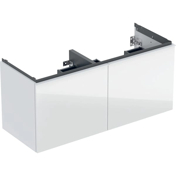 Geberit Acanto Unterschrank für Doppelwaschtisch, weiß lackiert hochglänzend, Glasfront glänzend, Griff matt, Breite Waschtisch 120 cm, Höhe 54,1 cm