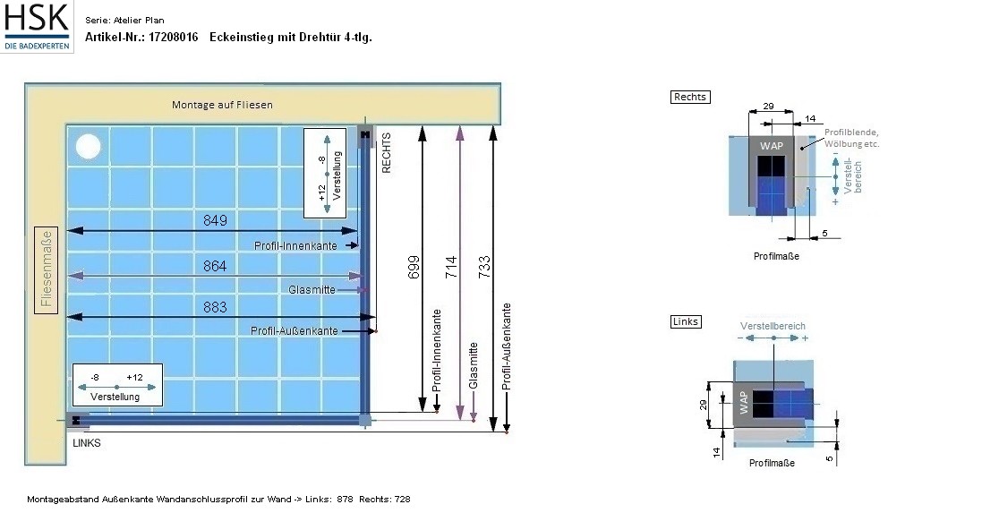 HSK teilgerahmte Eckeinstieg 4-teilig „Atelier Plan“ Glas Mattglas, Profile Chromoptik (Alu Hochglanz poliert), H: 2000 mm HSK teilgerahmte Eckeinstieg 4-teilig „Atelier Plan“ Glas Mattglas, Profile Chromoptik (Alu Hochglanz poliert), H: 2000 mm