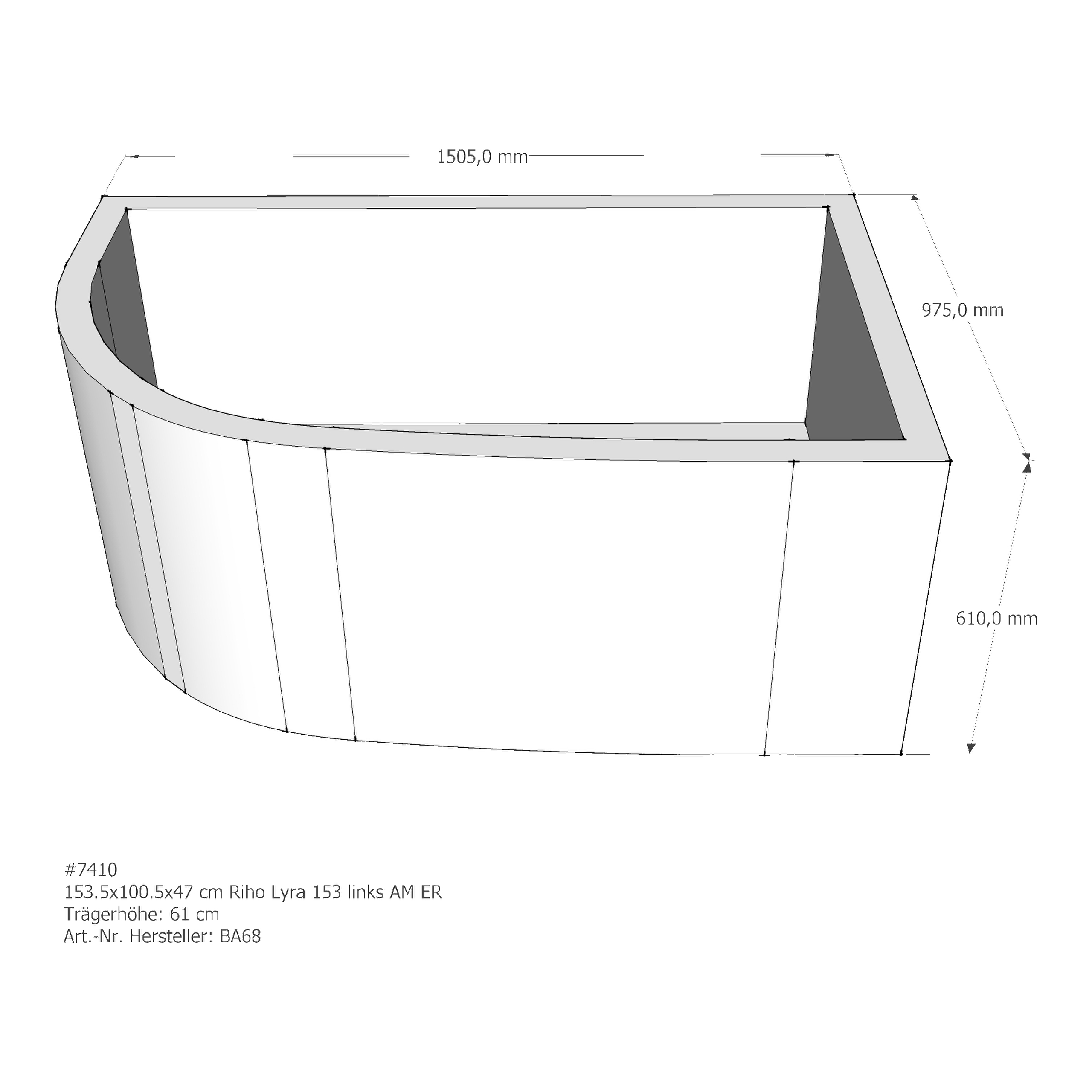 Badewannenträger für Riho Lyra 153 links links 153,5 × 100,5 × 47 cm Badewannenträger für Riho Lyra 153 links links 153,5 × 100,5 × 47 cm