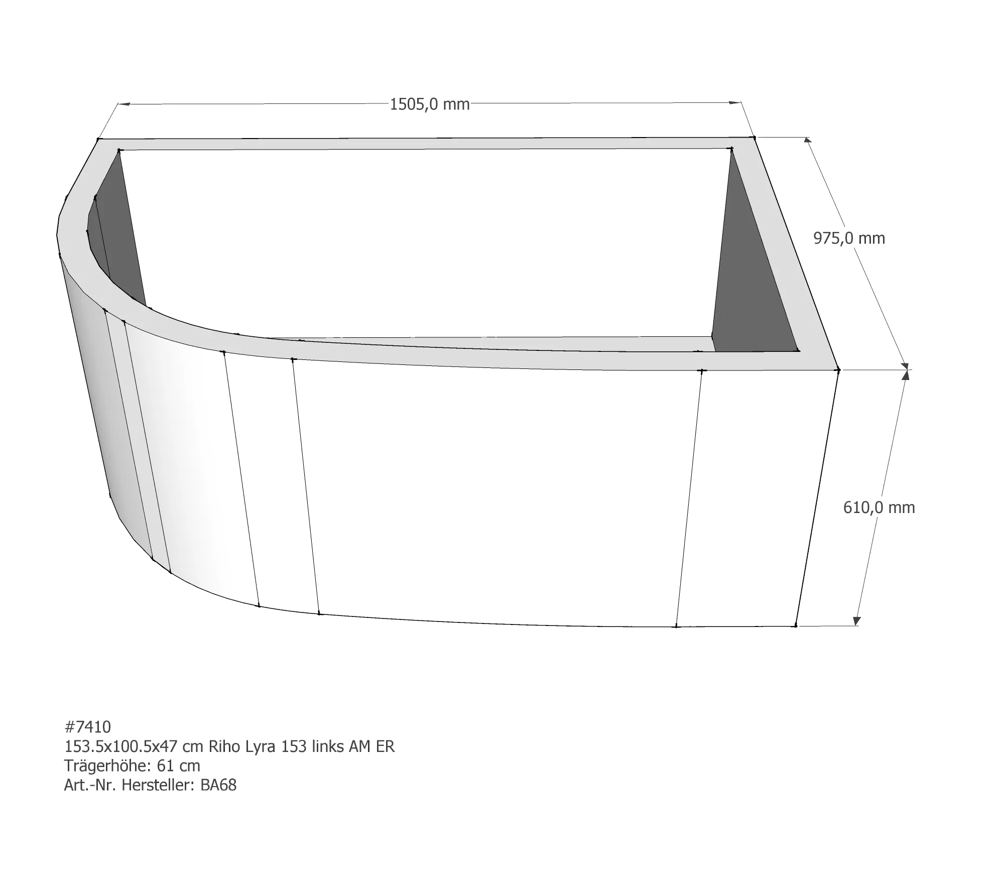 Badewannenträger für Riho Lyra 153 links links 153,5 × 100,5 × 47 cm
