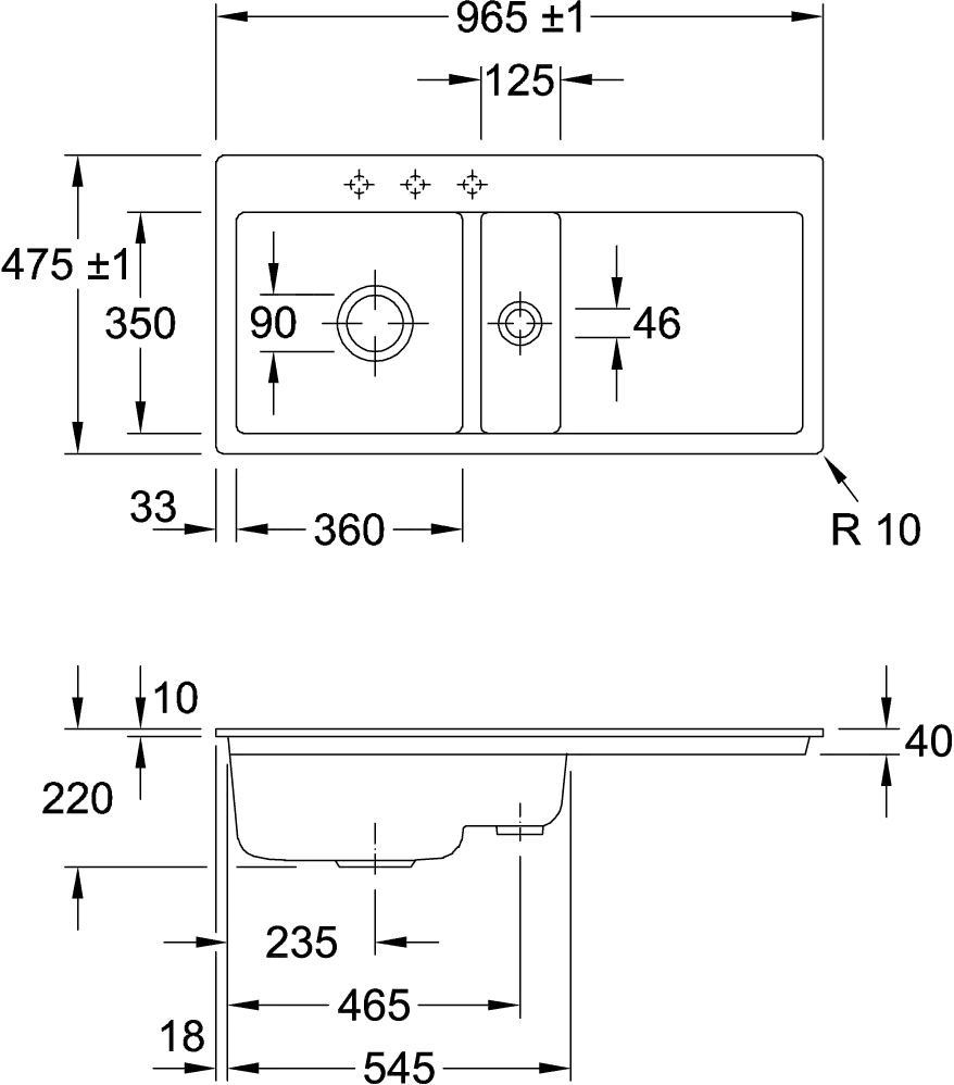 Villeroy & Boch flächenbündiges Küchenspülbecken „Subway“ 60 flat 965 × 475 × 220 mm, für Becken links in Fossil