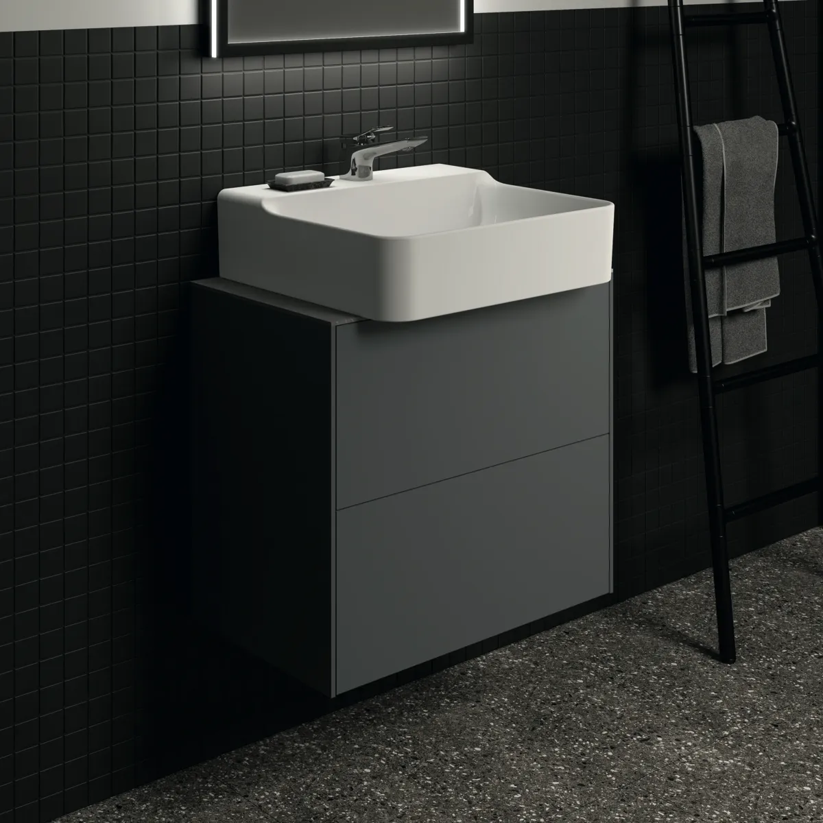 Waschtischplatte Conca, aus Keramik, 602x373x6mm, Marmor Noir Desir