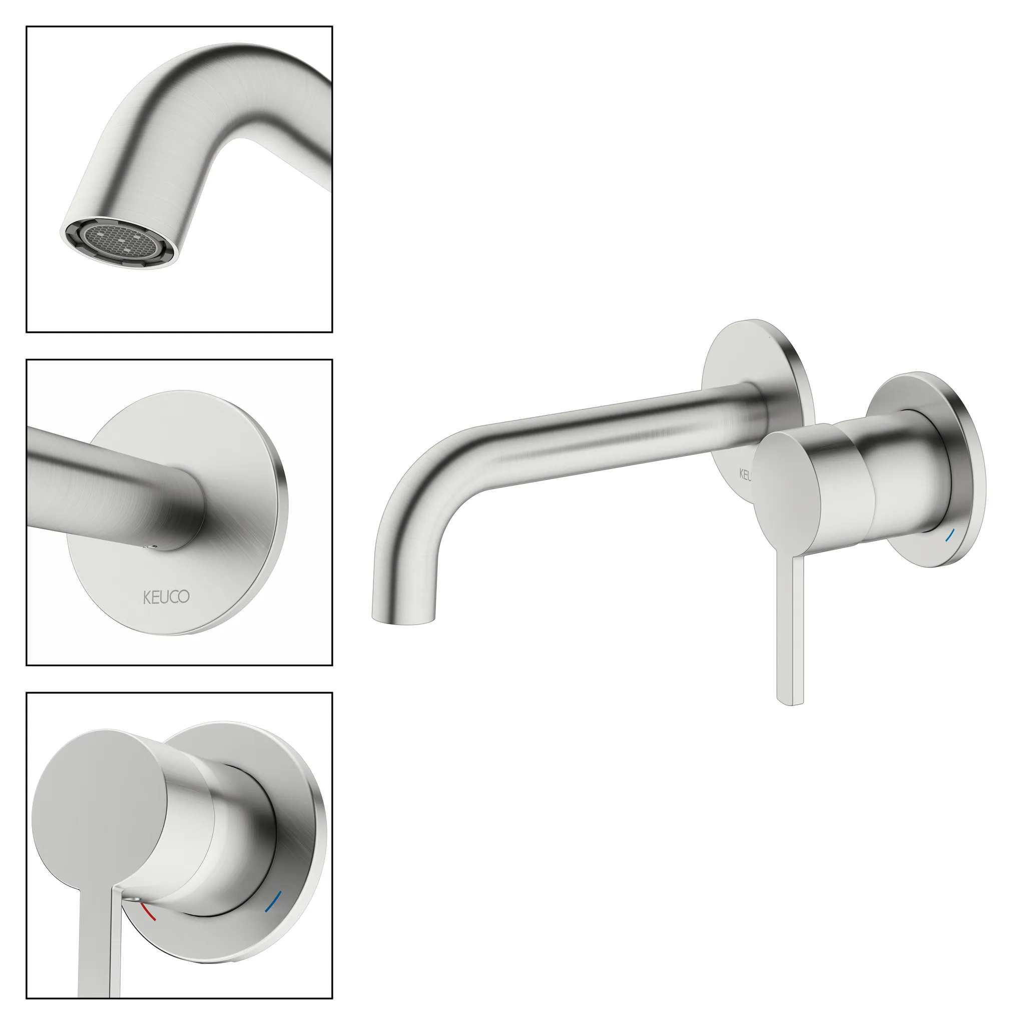 KEUCO PLAN BLUE Einhebel-Waschtischmischer Unterputz 2 Loch für Wandmontage Ausladung 165 mm Edelstahl