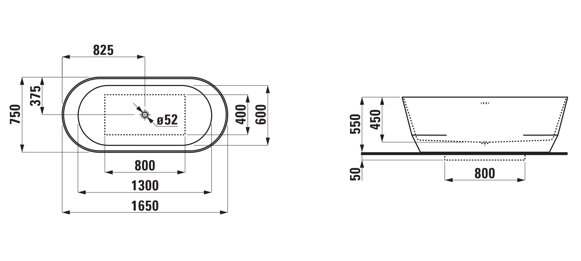 Laufen Badewanne „PRO“ freistehend 165 × 75 cm in Schwarz / Weiß