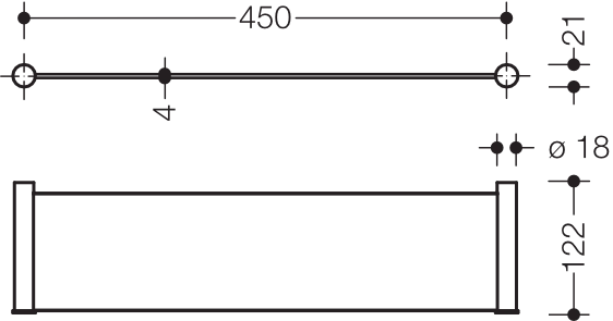 Ablage des Systems 162, Edelstahl, PVD, bestehend aus seitlichen Halteelementen und Ablagefläche aus Glas, 450 mm breit, 122 mm tief, in Farbe CK (messing glänzend)