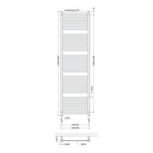 HSK Design-Heizkörper „Line Aero“ 60 × 180 cm in Kupfer