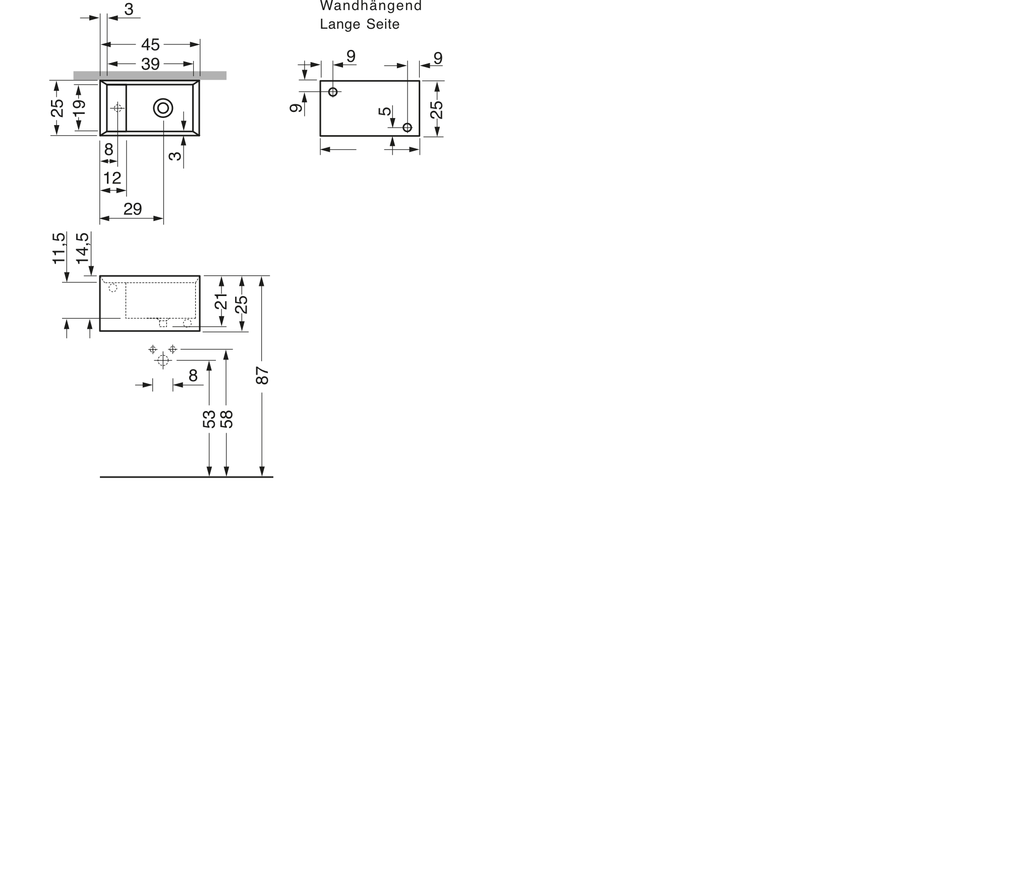 Wandwaschtisch „Cut“ 250 × 450 × 250 mm, ohne Hahnlochbohrung, mittig, Hahnlochposition links in Weiß Matt Wandwaschtisch „Cut“ 250 × 450 × 250 mm, ohne Hahnlochbohrung, mittig, Hahnlochposition links in Weiß Matt
