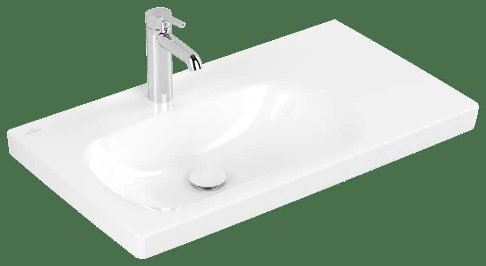 Villeroy & Boch Skyla Schrankwaschtisch TitanCeram 800x460mm Rechteck BP li 1HL. o. ÜL. Weiß Alpin Becken: links / Farbe: Weiß Alpin / Größe: 80 × 46 cm / Hahnlochbohrung: mit 1×1 Hahnlochbohrung / Hahnlochposition: mittig / Oberflächenveredelung: ohne Oberflächenveredelung / Überlauf: ohne Überlauf