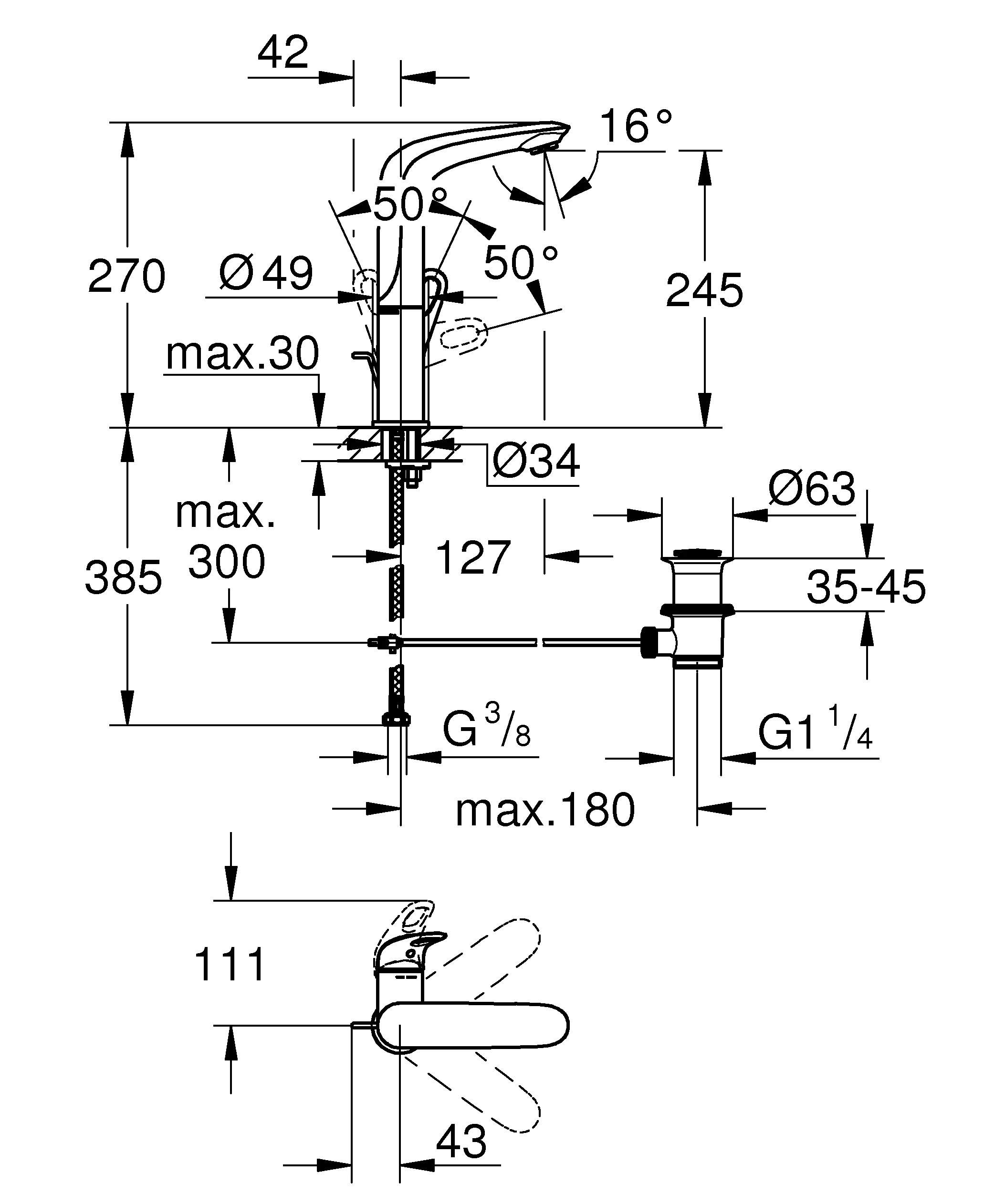 Einhand-Waschtischbatterie Eurostyle 23569_3, L-Size, Einlochmontage, offener Metall-Hebelgriff, Zugstangen-Ablaufgarnitur 1 1/4'', chrom