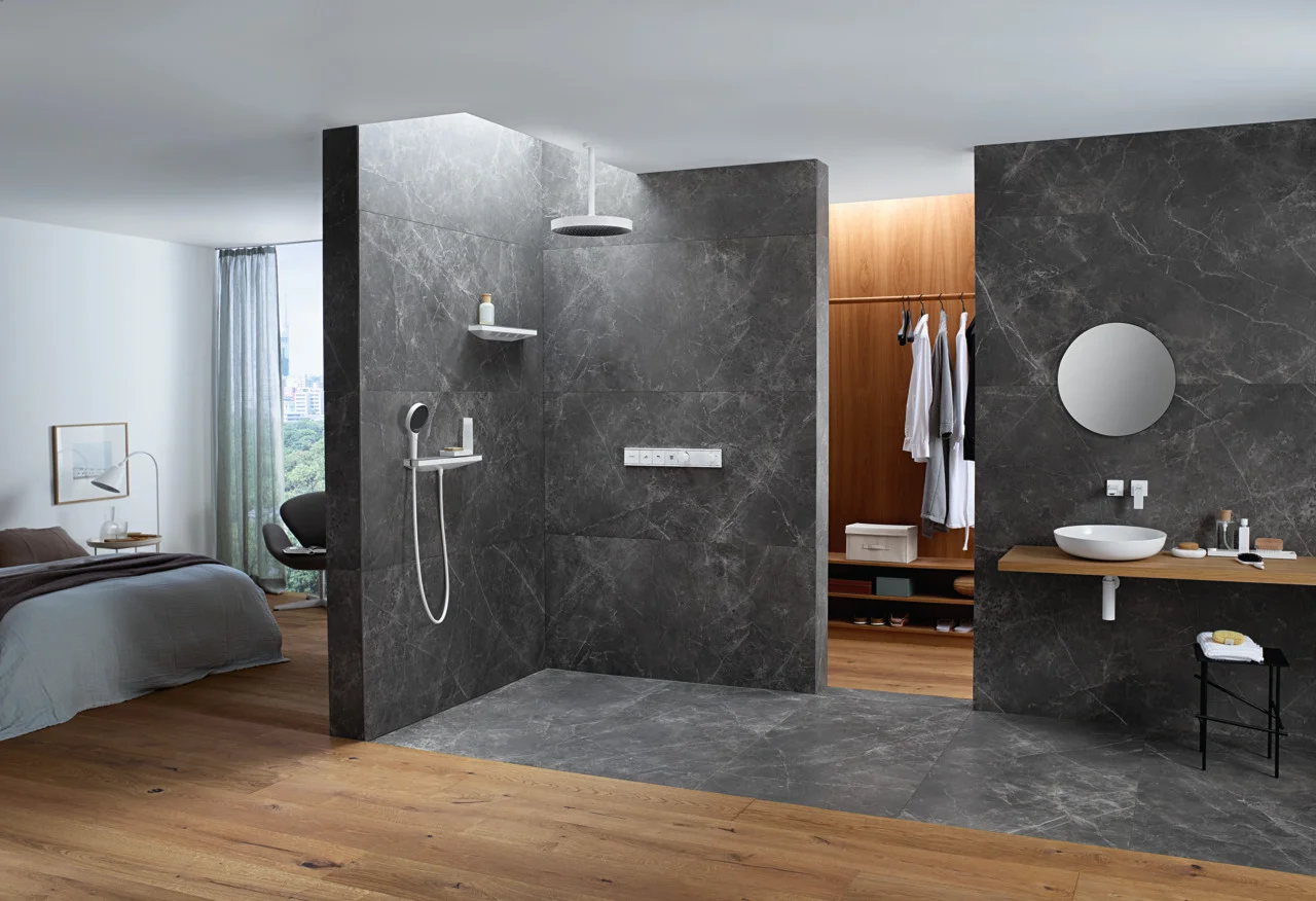 Hansgrohe Rainfinity Schulterbrause 500 1jet mit Duschablage, Chrom, 502 x 80 mm Brausekopfgröße, PowderRain Strahlart, 309 x 28 mm Strahlfläche Hansgrohe Rainfinity Schulterbrause 500 1jet mit Duschablage, Chrom, 502 x 80 mm Brausekopfgröße, PowderRain Strahlart, 309 x 28 mm Strahlfläche