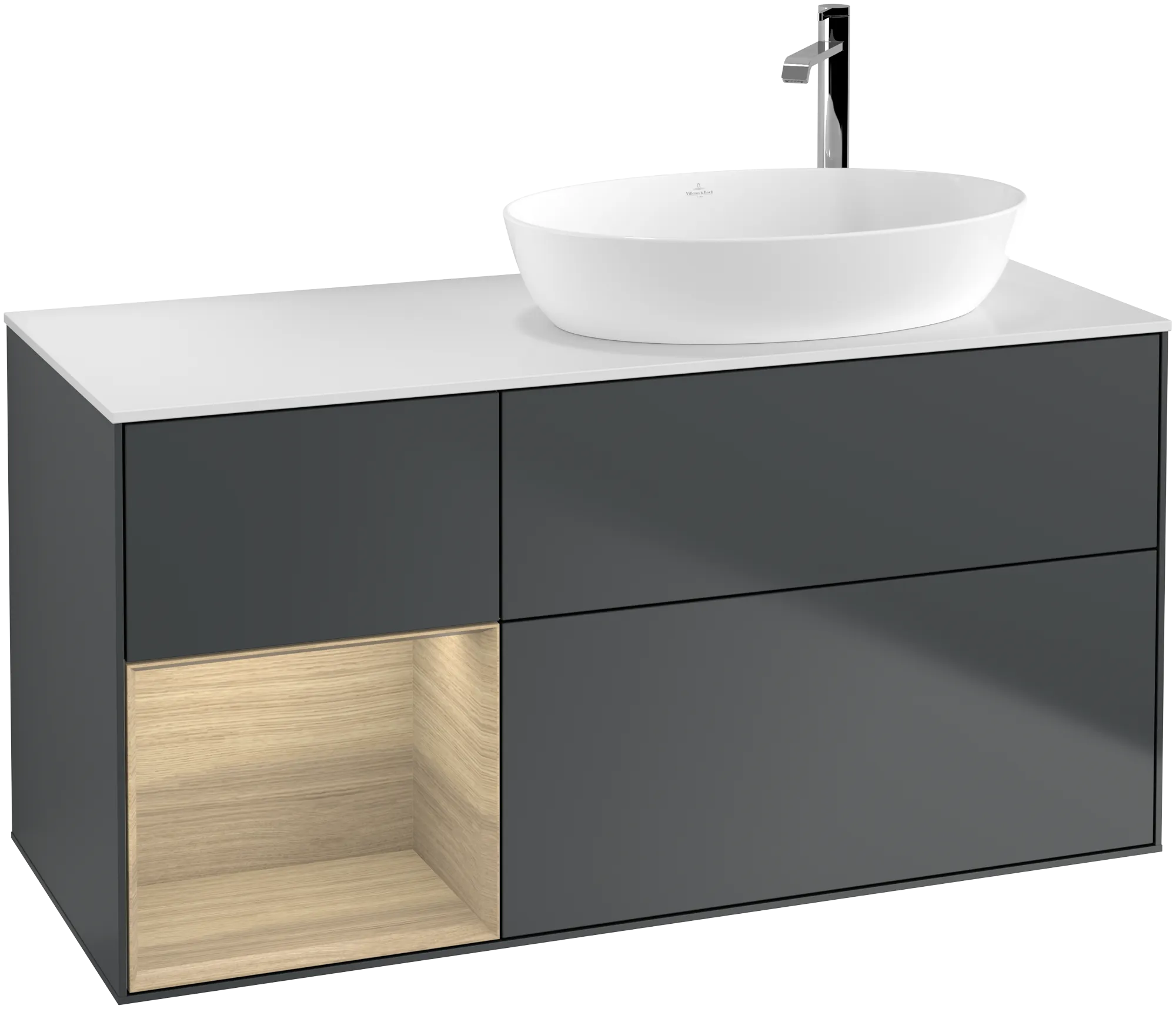 Villeroy & Boch Finion Waschbeckenunterschrank F92, 1200x603x501mm, Midnight Blue Matt Lacquer / Oak Veneer / Glass White Matt