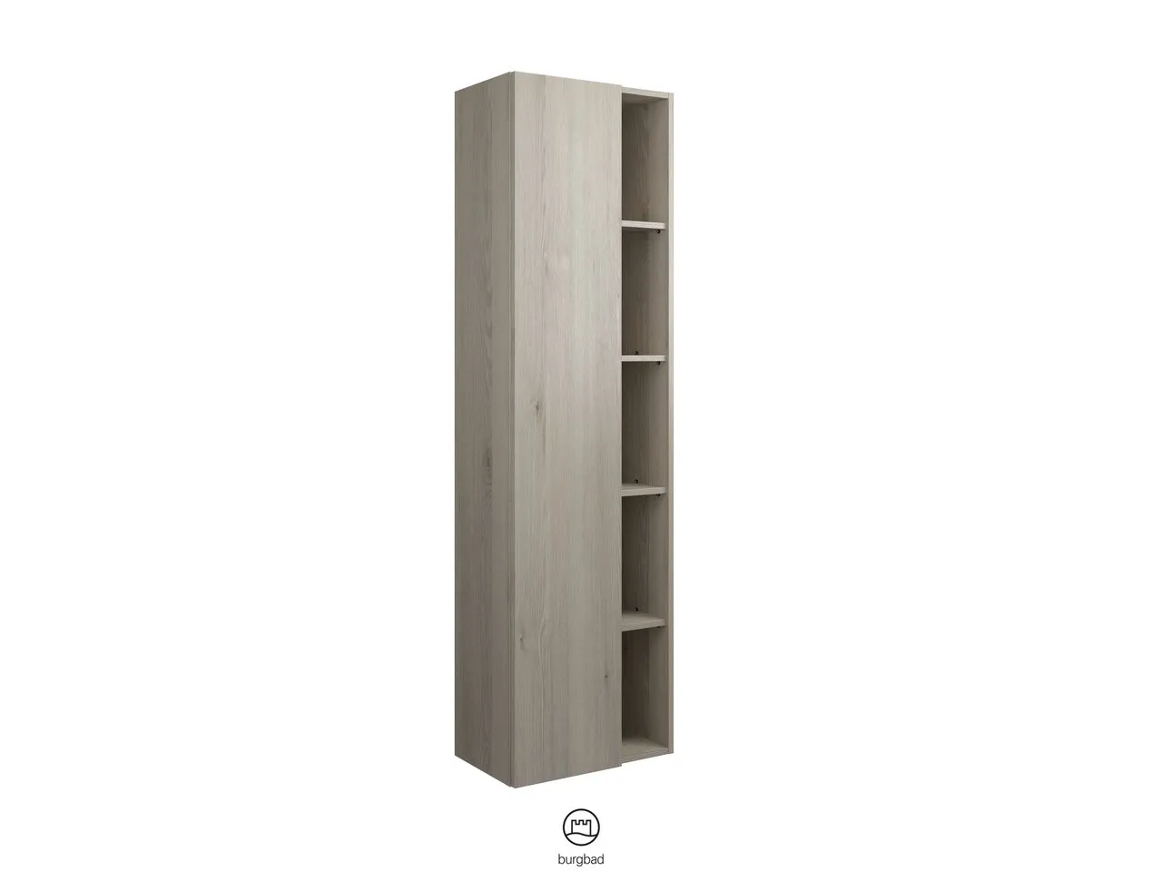 Hochschrank, 1 Tür, wird durch Überstand geöffnet;4 Glaseinlegeböden;1 Regal mit 4 Einlegeböden;1 Mittelseite, Tiefe: 320 mm, Breite: 500 mm, Höhe: 1760 mm
