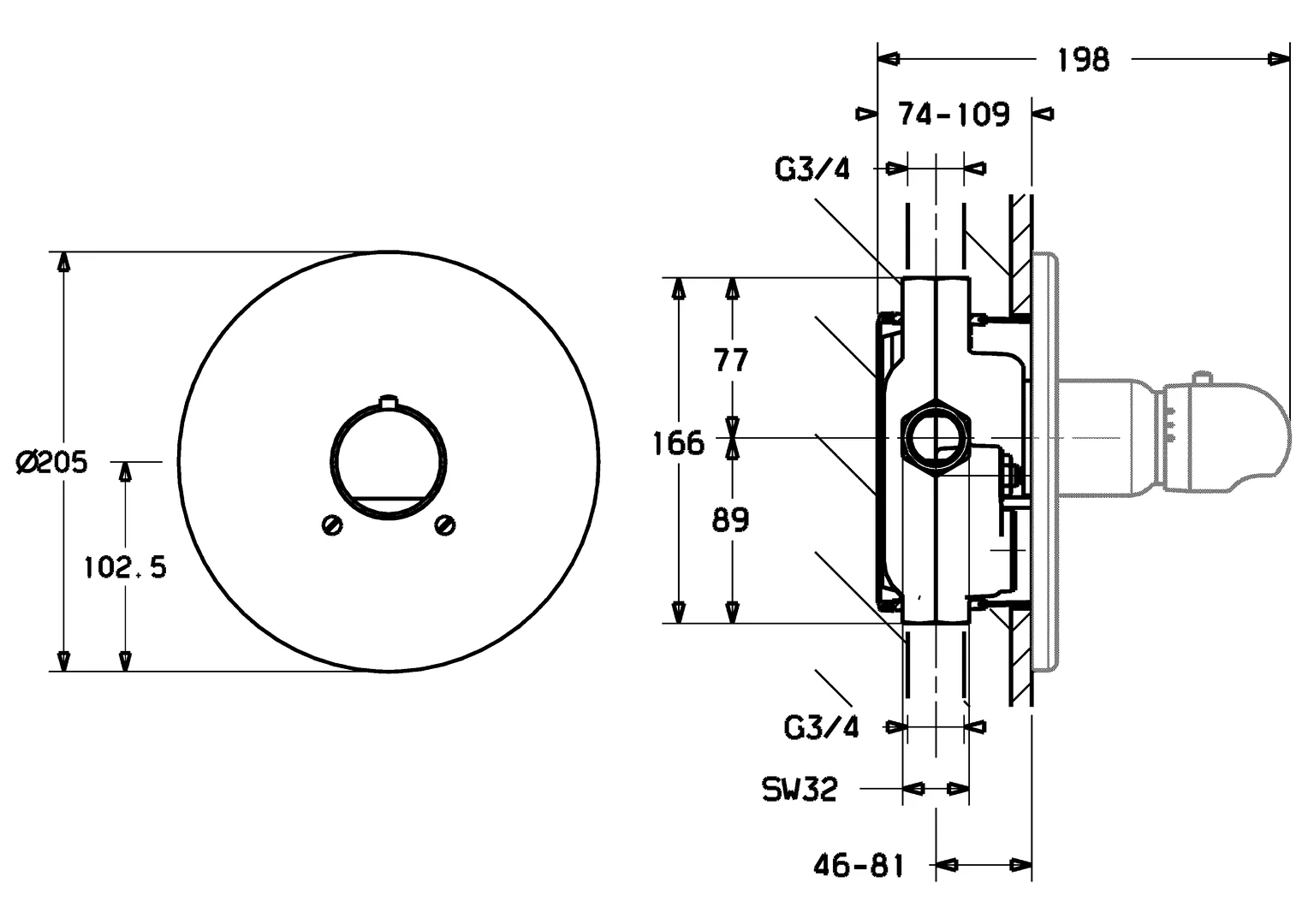 HansaMIX Duscharmatur Fertigmontageset für Brausebatterie 0860 Rosette rund DN20 Chrom