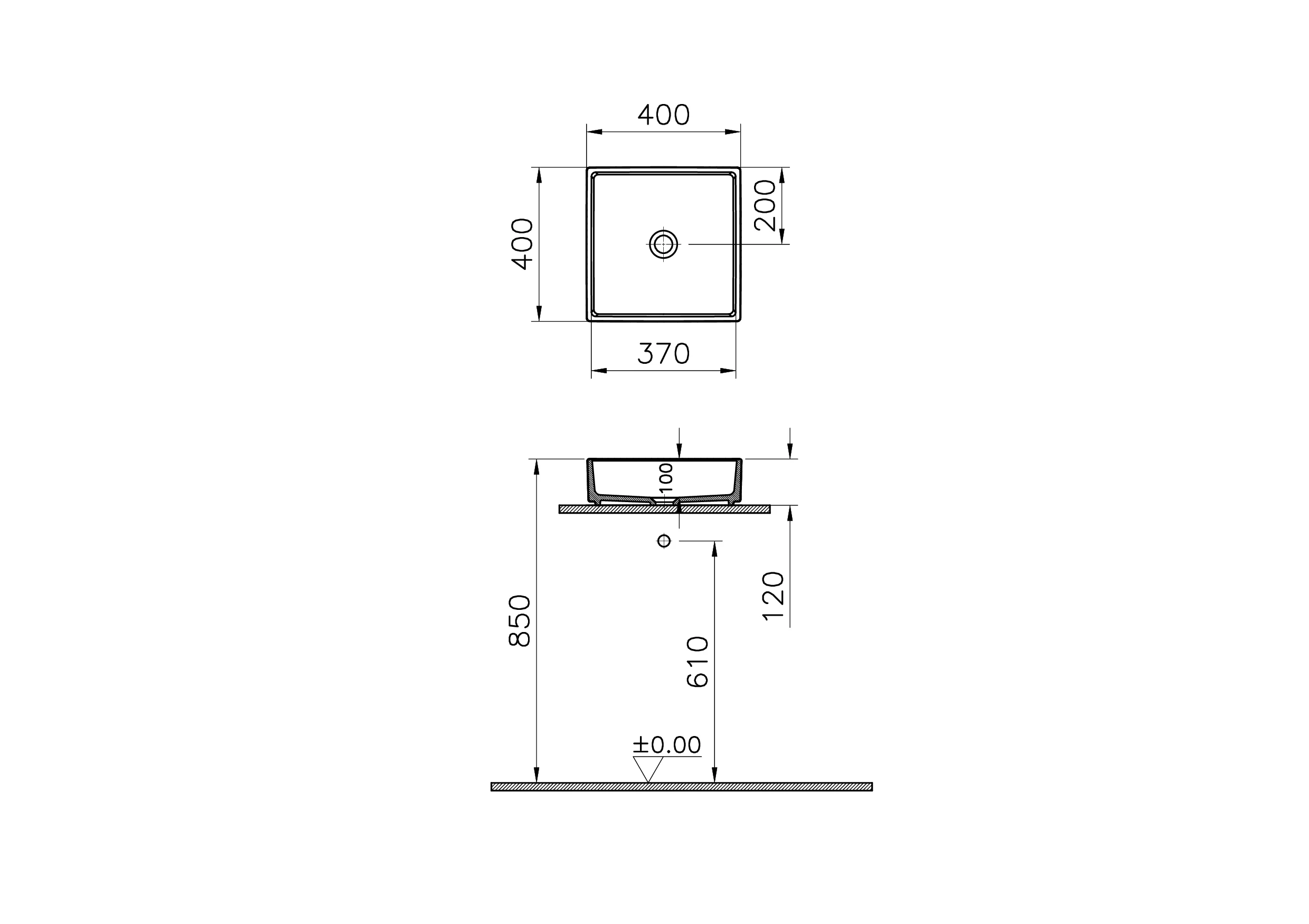 ArchiPlan Aufsatzschale quadratisch 40 x 40 x 12 cm freistehend ohne Hahnloch ohne Überlaufloch Weiß Hochglanz mit Oberflächenveredelung Clean