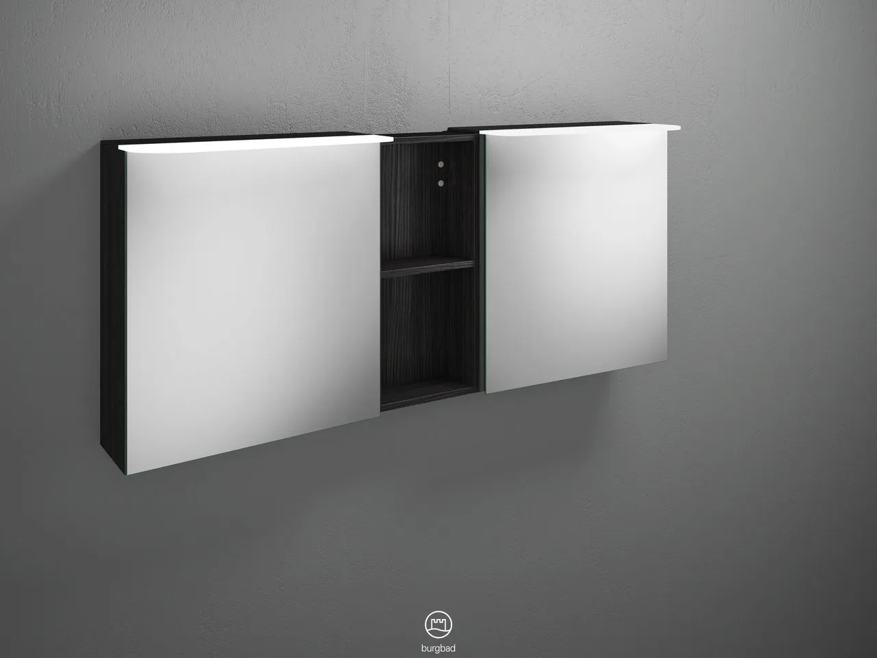 Badu Spiegelschrank SFTY150 von burgbad – 310 mm tief, 1.500 mm breit, 665 mm hoch, beidseitig verspiegelt mit LED-Aufsatzleuchten und Regal