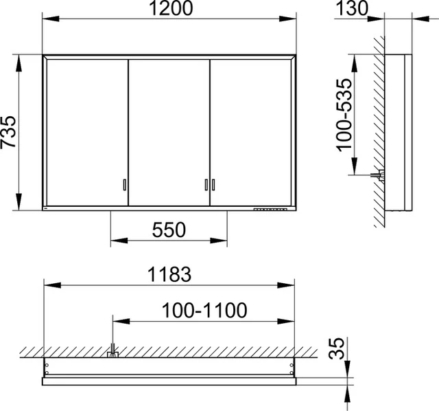 KEUCO Wandvorbau Spiegelschrank mit verdecktem Ablagefach „Royal Lumos“ in Silber (eloxiert), Aufputz, mit Steckdosen, ohne Spiegelheizung 1200 × 735 × 130 mm