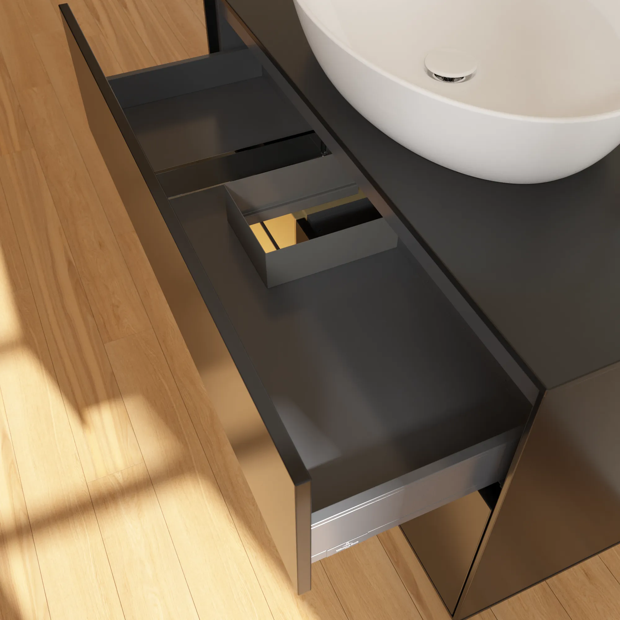 Villeroy & Boch Waschbeckenunterschrank Finion F89, 1000x603x501 mm, Black Matt Lacquer mit Gold Regal, Beleuchtung dimmbar, Push-to-open, SoftClosing