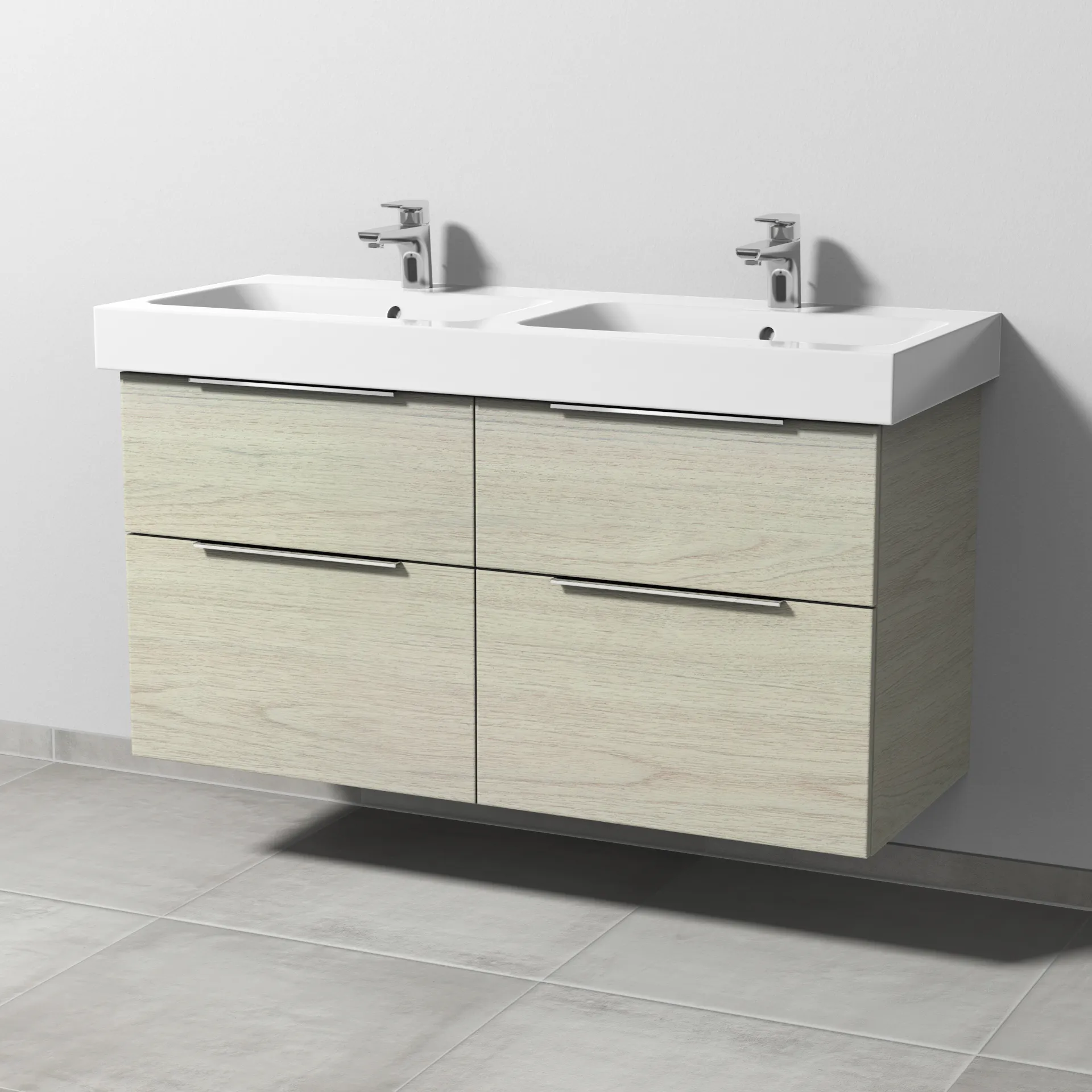 Sanipa Waschtischunterschrank „3way“ passend zu Keramik-Waschtische iCon von Geberit 1150 × 593 × 462 mm in White Oak, mit Hahnlochbohrung, Becken