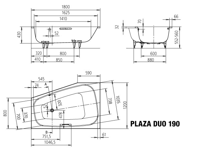 Kaldewei Badewanne „Plaza Duo“ trapez fünfeck 180 × 120 cm, rechts, mit Grifflochbohrungen in alpinweiß