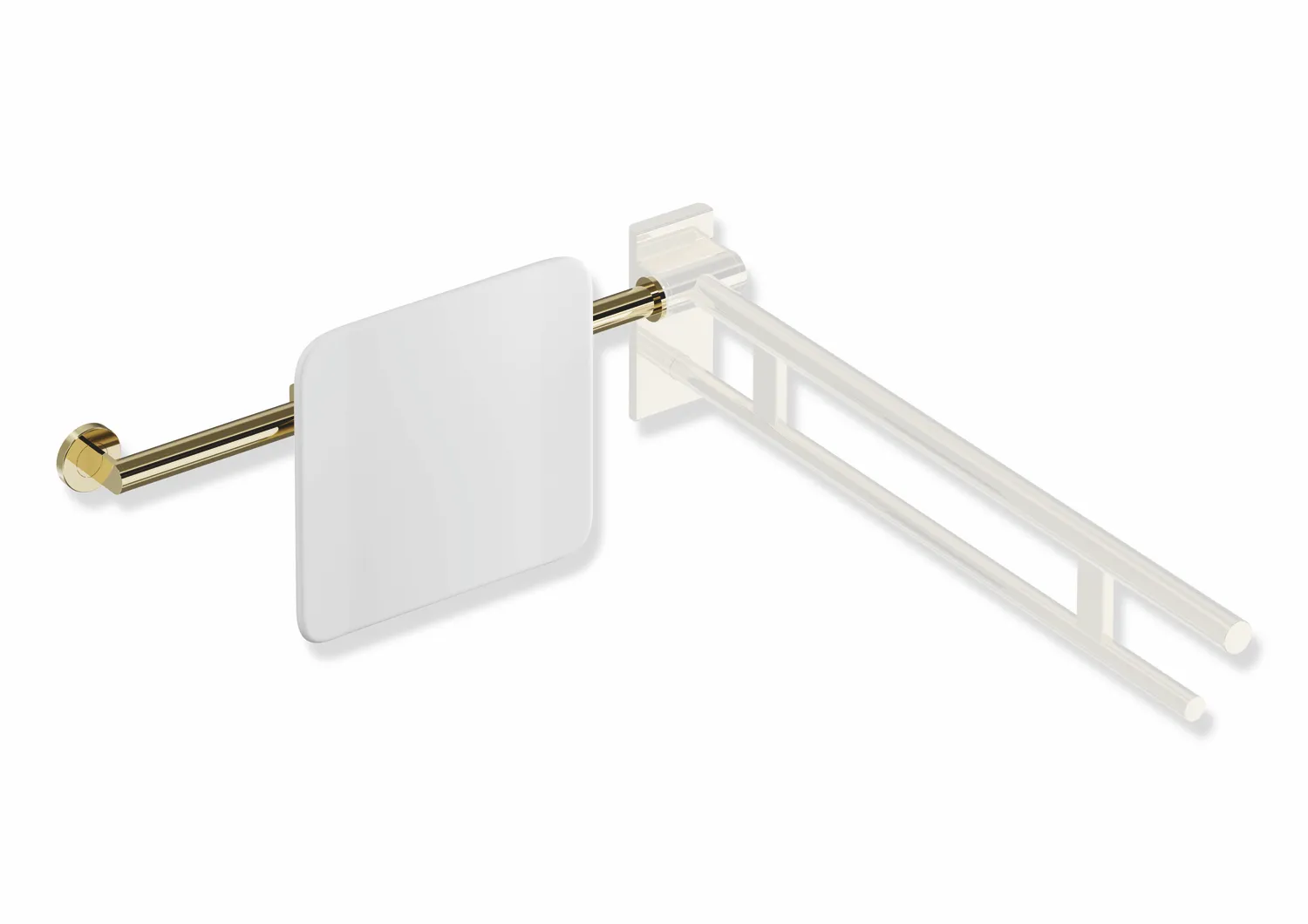 Rückenstütze, System 900, Anbindung Edst. PVD., Lehne Kst., weiß, Achsmaß verstellbar 616-716 mm, T: 150 mm, einseitig Wandmontage mit Rosetten (rechts), einseitig Montage an SK-Griffen, Design (A) (links), in Farbe CK (Messing glänzend) Rückenstütze, System 900, Anbindung Edst. PVD., Lehne Kst., weiß, Achsmaß verstellbar 616-716 mm, T: 150 mm, einseitig Wandmontage mit Rosetten (rechts), einseitig Montage an SK-Griffen, Design (A) (links), in Farbe CK (Messing glänzend)