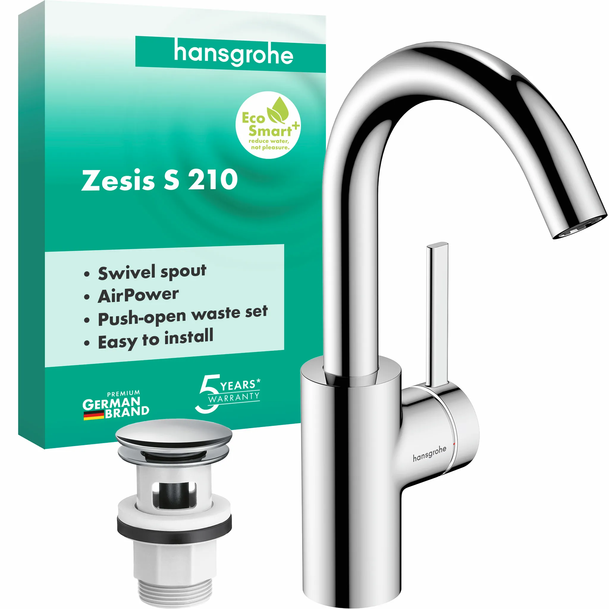 Zesis S Einhebel-Waschtischmischer 210 CoolStart mit Schwenkauslauf und Push-Open Ablaufgarnitur, Chrom