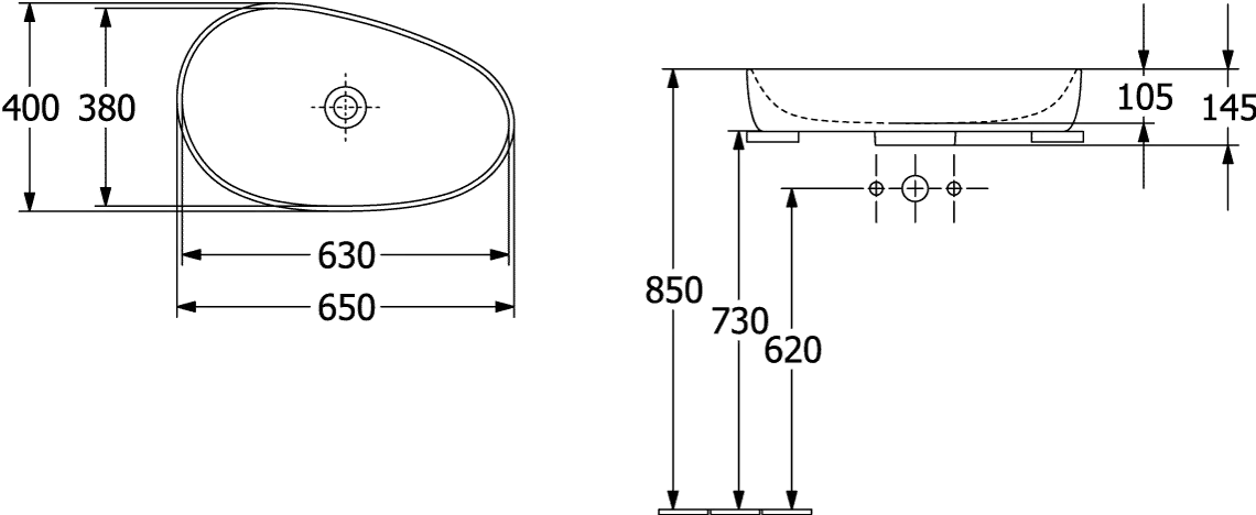 Aufsatzwaschtisch „Antao“, ohne Hahnlochbohrung, ohne Überlauf 65 × 40 cm