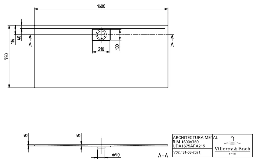 Villeroy & Boch rechteck Duschwanne „Architectura MetalRim“ 160 × 75 cm ohne Oberflächenbeschichtung, in Weiß Alpin