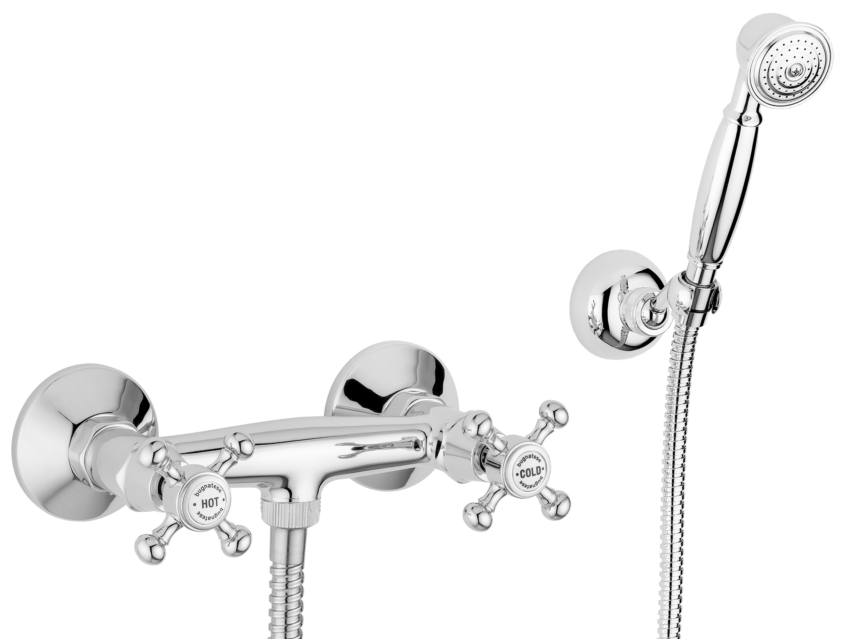 Brausebatterie AqvaRetro I - S-Anschlüsse und Rosetten - keramische Innenoberteile 90° - inkl. Brausegarnitur - inkl. Brause-Wandhalter - chrom Brausebatterie AqvaRetro I - S-Anschlüsse und Rosetten - keramische Innenoberteile 90° - inkl. Brausegarnitur - inkl. Brause-Wandhalter - chrom