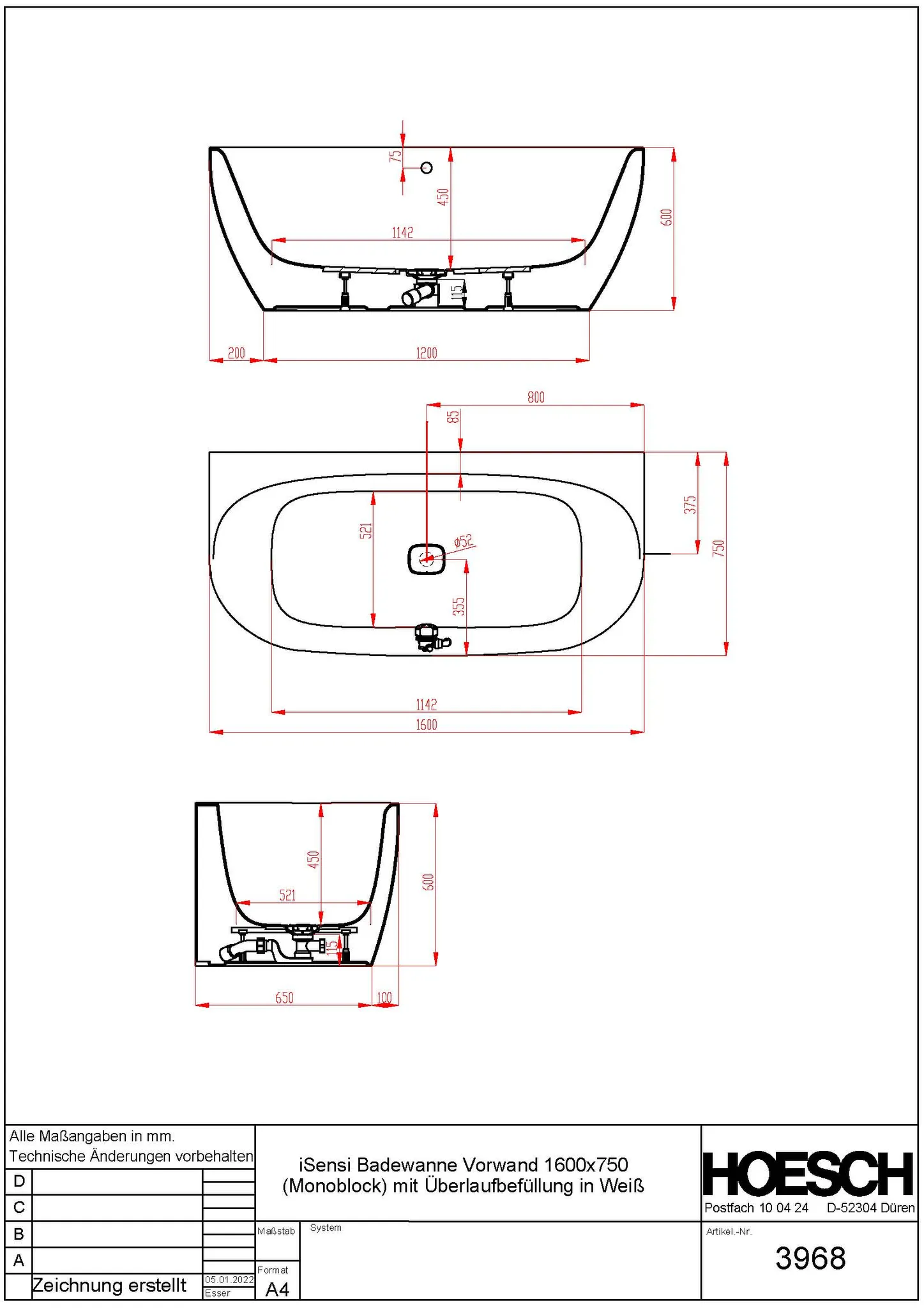 Hoesch Badewanne „iSensi“ Monolith vorwand halbkreis 160 × 75 cm, mit Schürze in Weiß (glänzend) / Schwarz (matt)