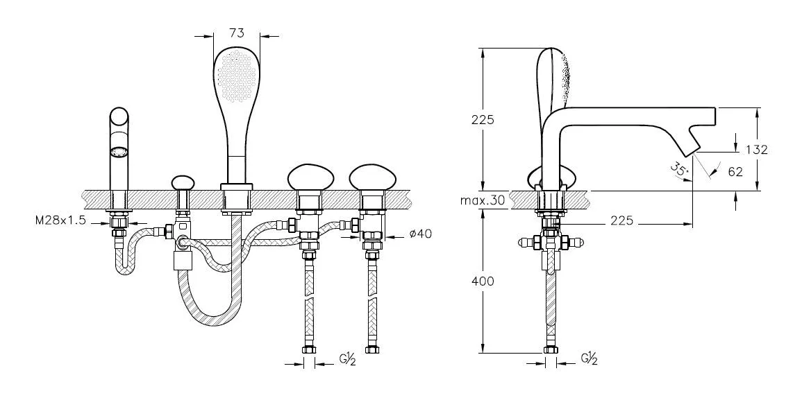 Istanbul Zweigriff-Wannenfüll- und Brausearmatur Wannenrandmontage Chrom