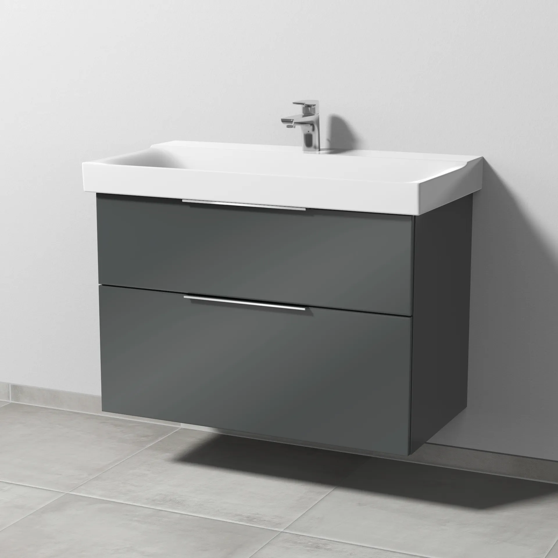 Sanipa Waschtischunterschrank „3way“ passend zu Keramik-Waschtische Xeno2 von Geberit 850 × 593 × 452 mm in Anthrazit (glanz), Becken mittig