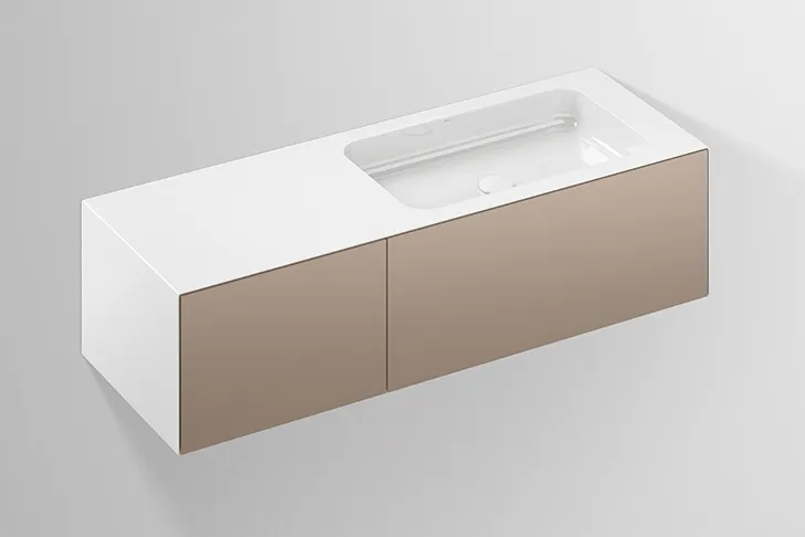 Alape Waschplatz Folio10 5159511 Lack seidenmatt Mondstein Größe: 125,4 × 35 cm|Frontfarbe: Mondstein|Schubladen: 2|Becken: rechts|Hahnlochbohrung: ohne Hahnlochbohrung Image