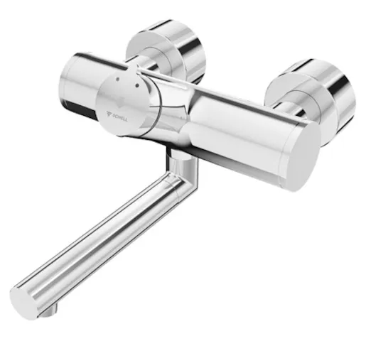 Aufputz-Waschtisch-Armatur VITUS VW-SC-M, Mischwasser, Selbstschluss, 2 RFV, Ventil zur Durchführung einer manuellen thermischen Desinfektion (gemäß DVGW Arbeitsblatt W 551), 2x DN 15 G 1/2 AG, Ausladung bis Mitte Strahlregler: 210 mm, chrom